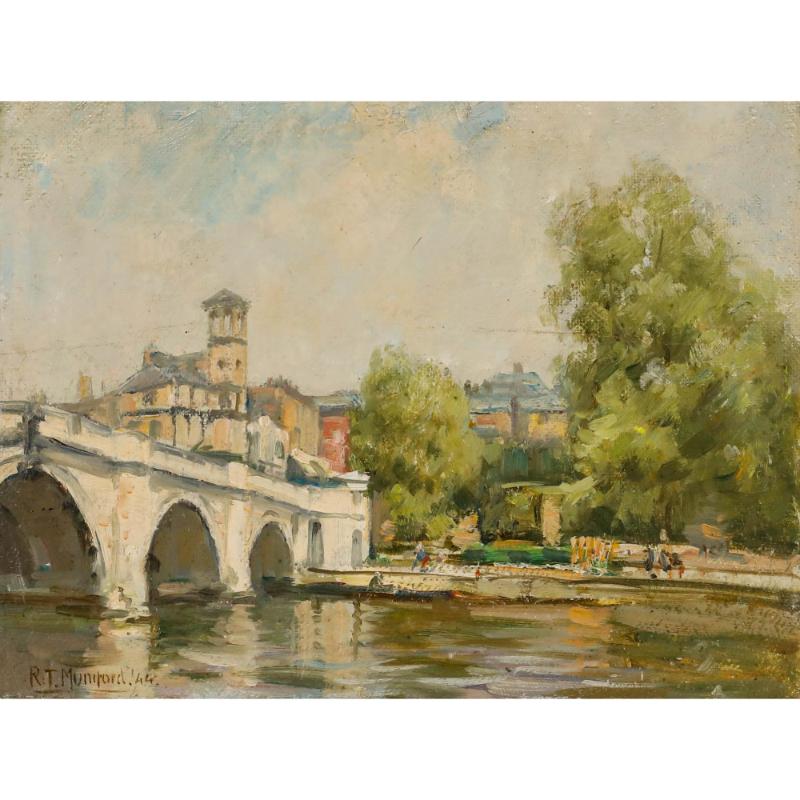 Robert Thomas Mumford - Gerahmtes Öl von 1944, Die Themse bei Richmond Bridge – Painting von  Clem$