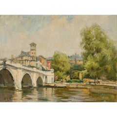Thomas Thomas Mumford - Olio del 1944 con cornice, Il Tamigi a Richmond Bridge