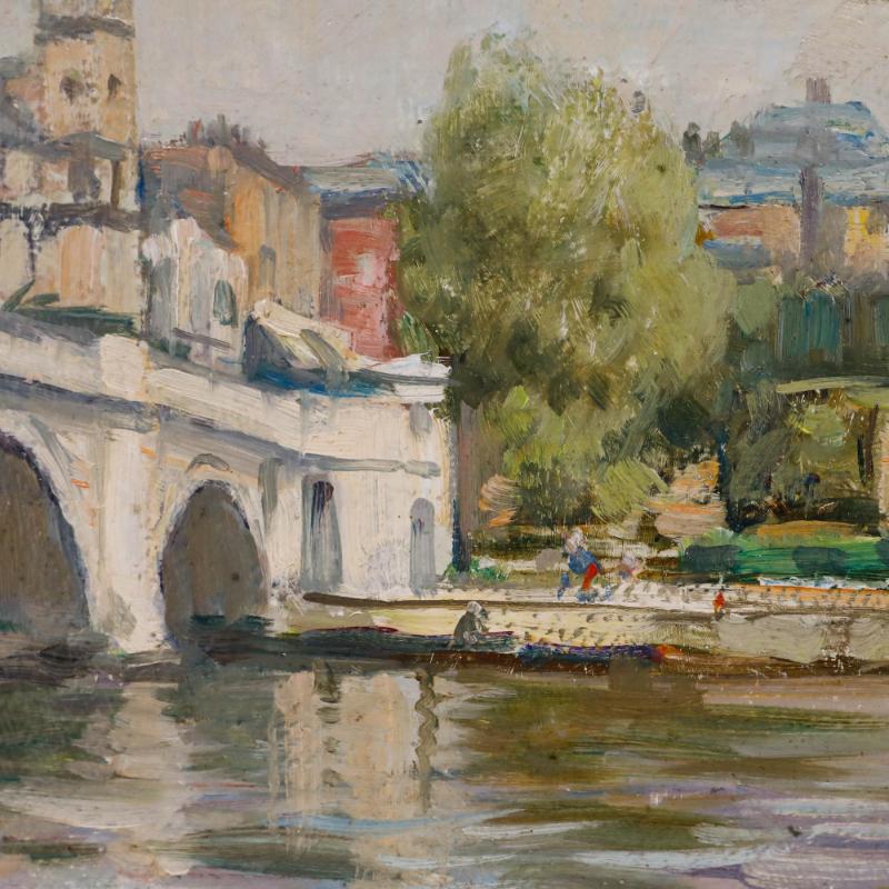 Eine charmante Flussszene des englischen Künstlers Robert Thomas Mumford. Die in lockeren, impressionistischen Pinselstrichen wiedergegebene Szene zeigt die Richmond Bridge in London. Signiert und datiert unten links. Gut präsentiert in einem Rahmen