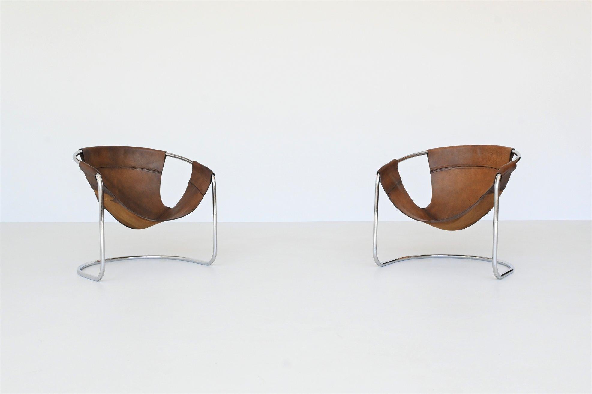 Mid-Century Modern Clemens Claessen Lounge Chairs Brown Leather Ba-As the Netherlands, 1965