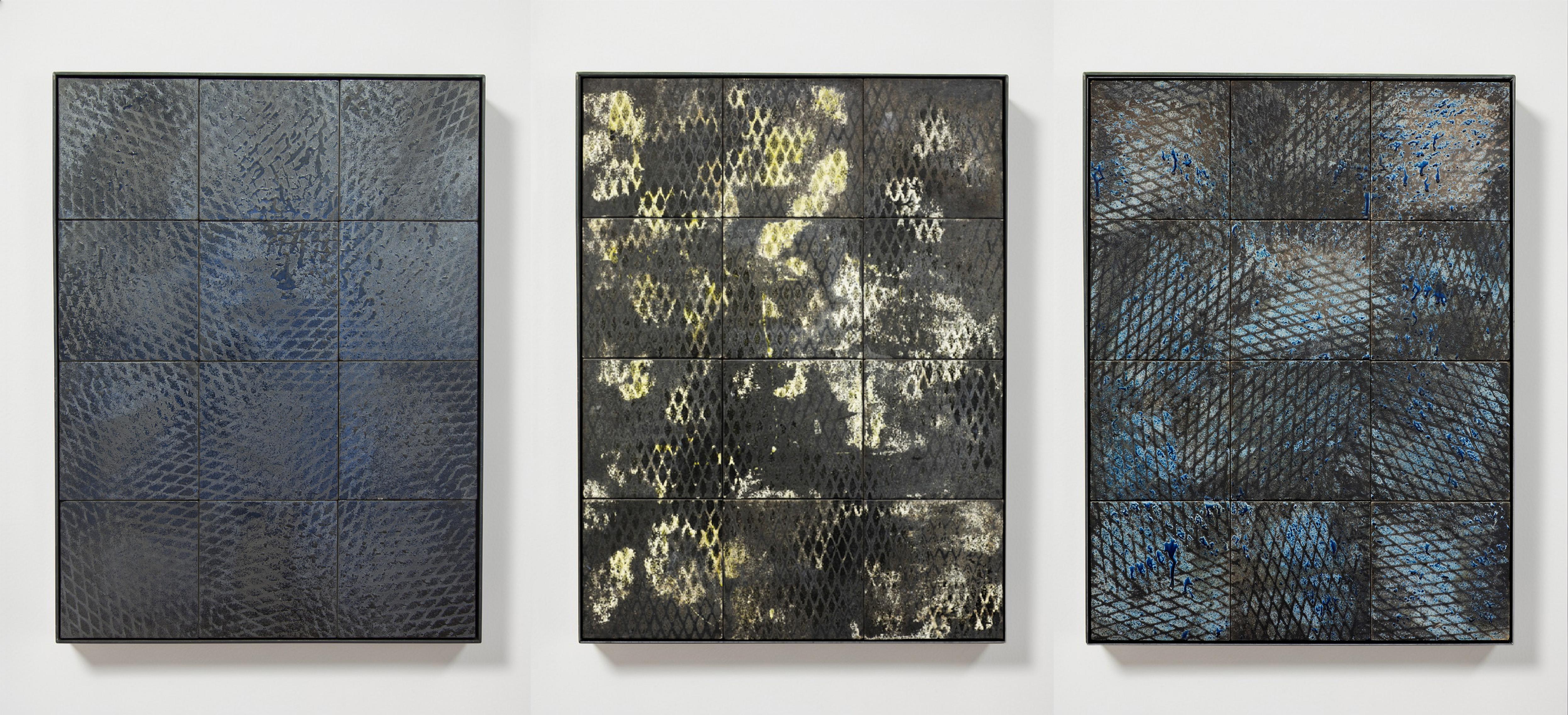Black, White and Green & Blue, Expanded Metal Tile, Triptych. Wall Sculpture - Mixed Media Art by Clemens Wolf