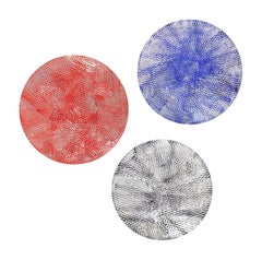 Tondo Red, Blue and BLack, Expanded Metal Pigment Painting, Triptych