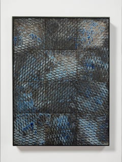 Black and Blue Expanded Metal Tile Sculpture, Raku Burned, 69.6 in