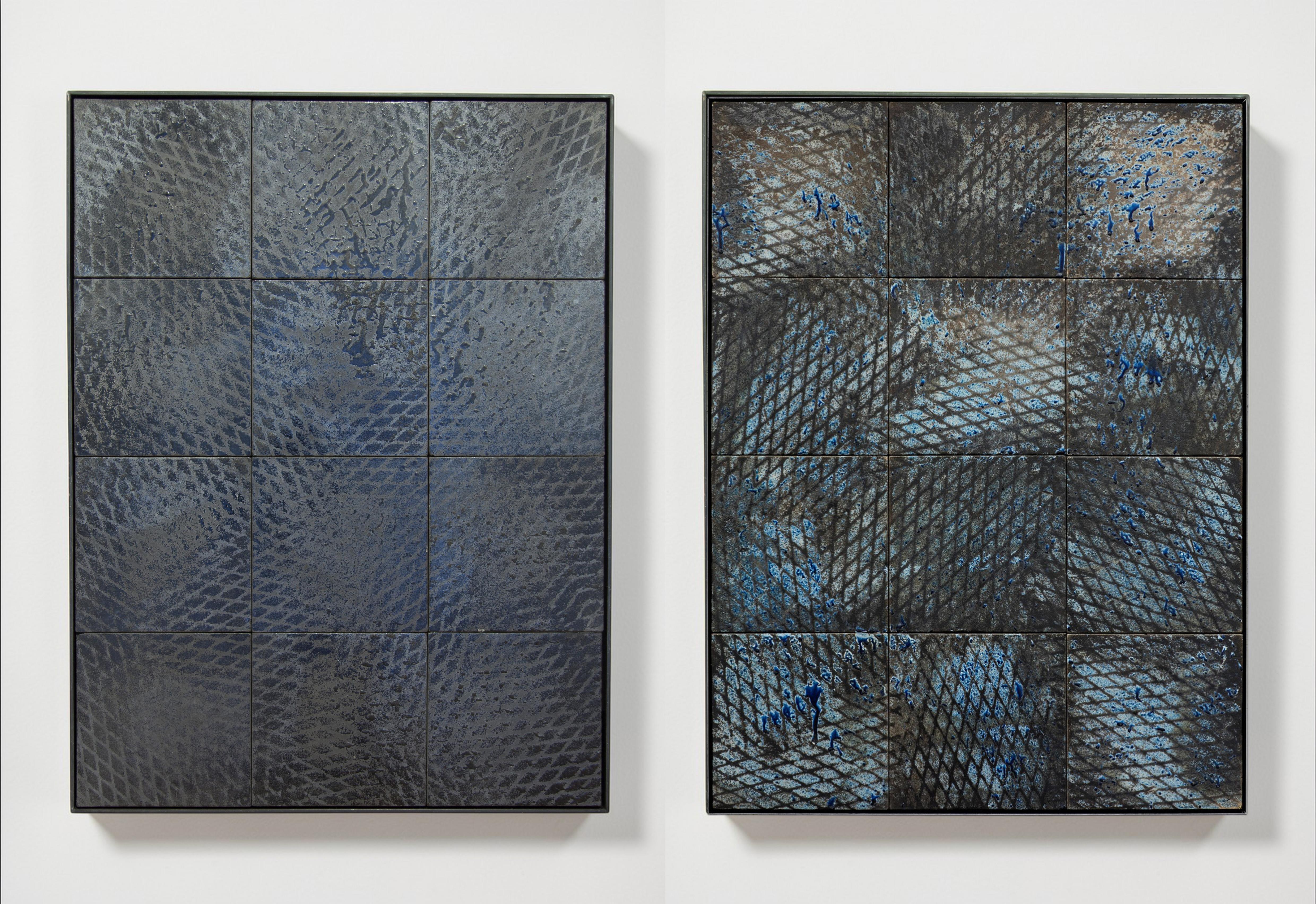 Black and Blue Expanded Metal Tile Sculpture, Raku Burned, 69.6 in