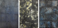 Black, White and Green & Blue, Expanded Metal Tile, Triptych. Wall Sculpture