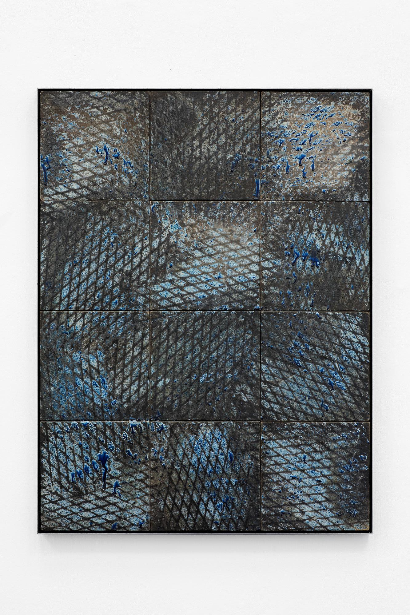 Blue, Expanded Metal Tile, 2019
From the series Expanded Metal Tiles
Raku Burned Tiles
Dimensions: 177 H X 88 W cm.
Unique
Mounted on Metal
Unpacked: 50 kg Approx.
Crated: 60 kg Approx.
Hand-signed back by the artist.

Expanded Metal Tile Pigment