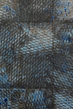 Expanded Metal Tile Pigment Painting Blue, Abstract Sculpture