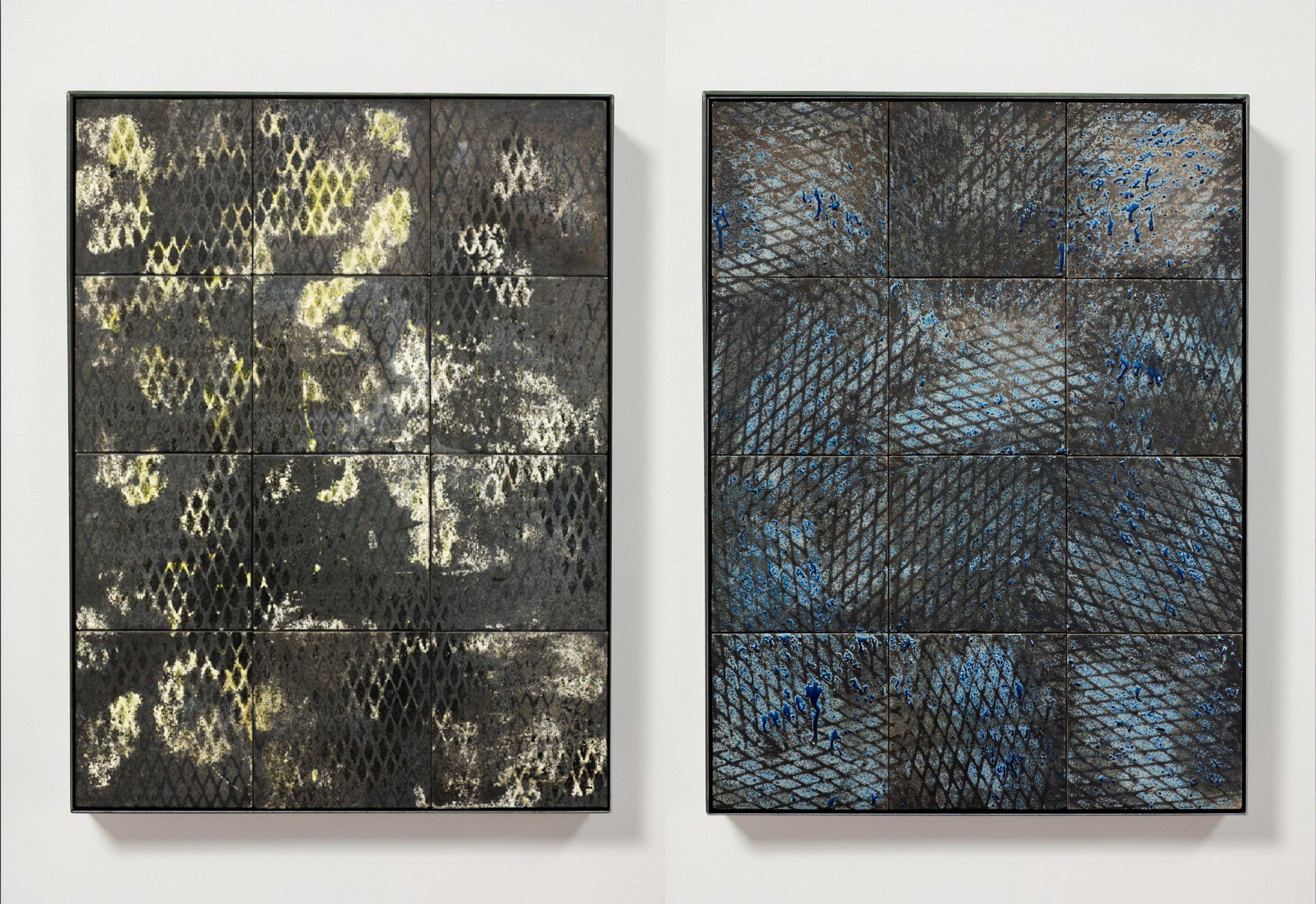 White and Green & Blue, Expanded Metal Tile, Diptych. Wall Sculpture