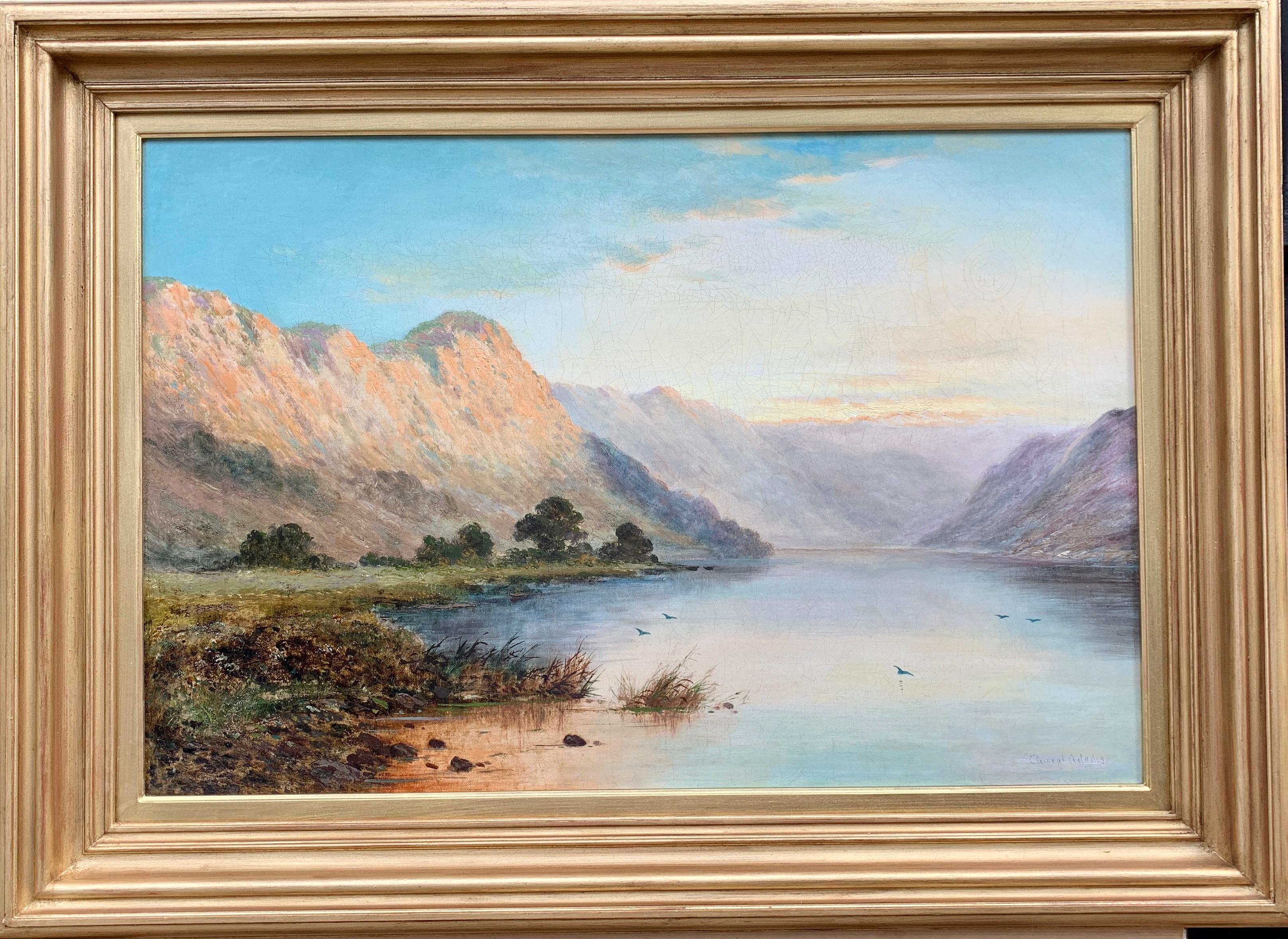 Antique 19th century Oil, Scottish Highland Lock landscape with rising Sun - Painting by Clement Adams