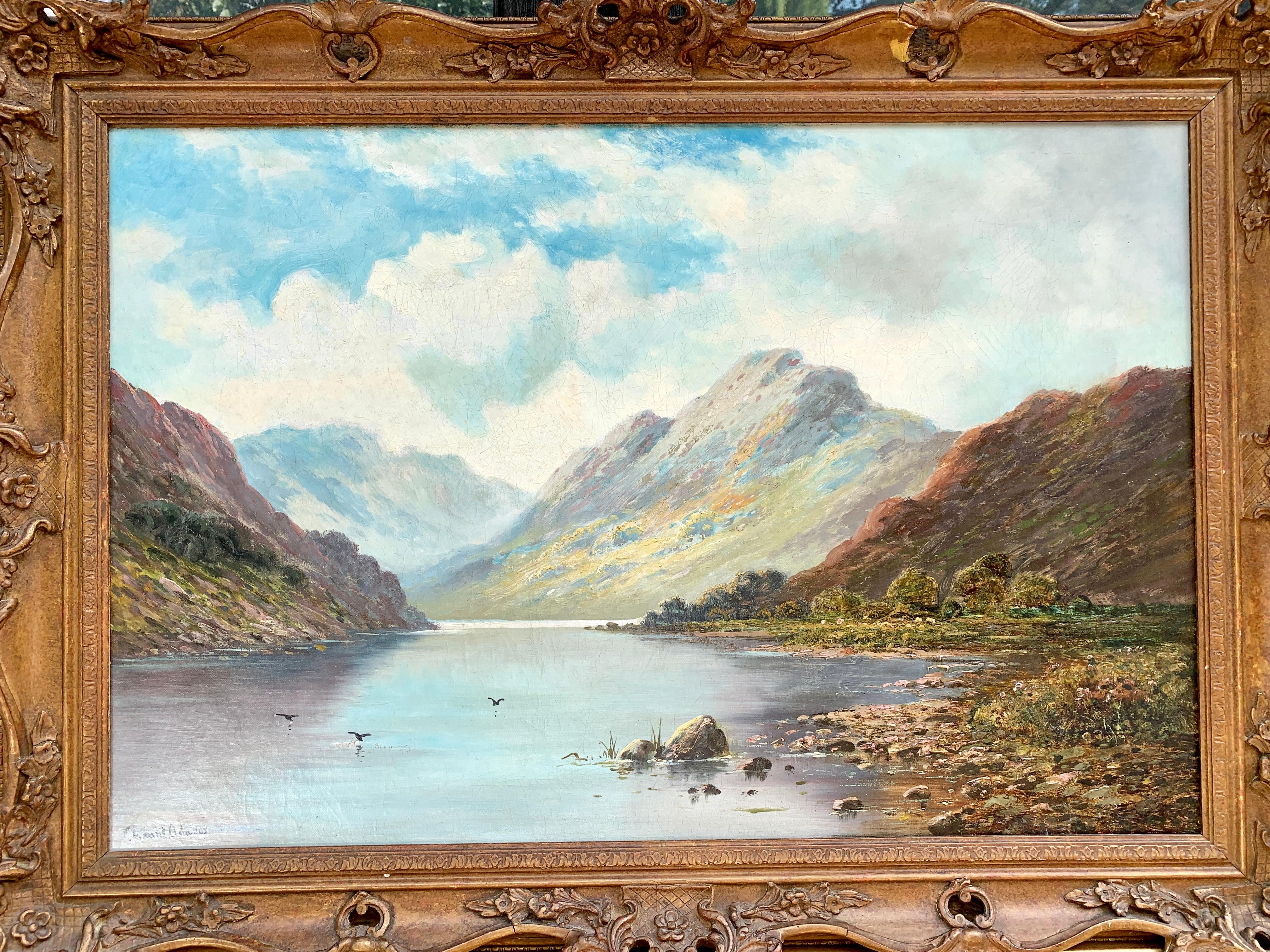 Antique 19th century Oil, Scottish Highland Lock landscape with rising Sun - Painting by Clement Adams