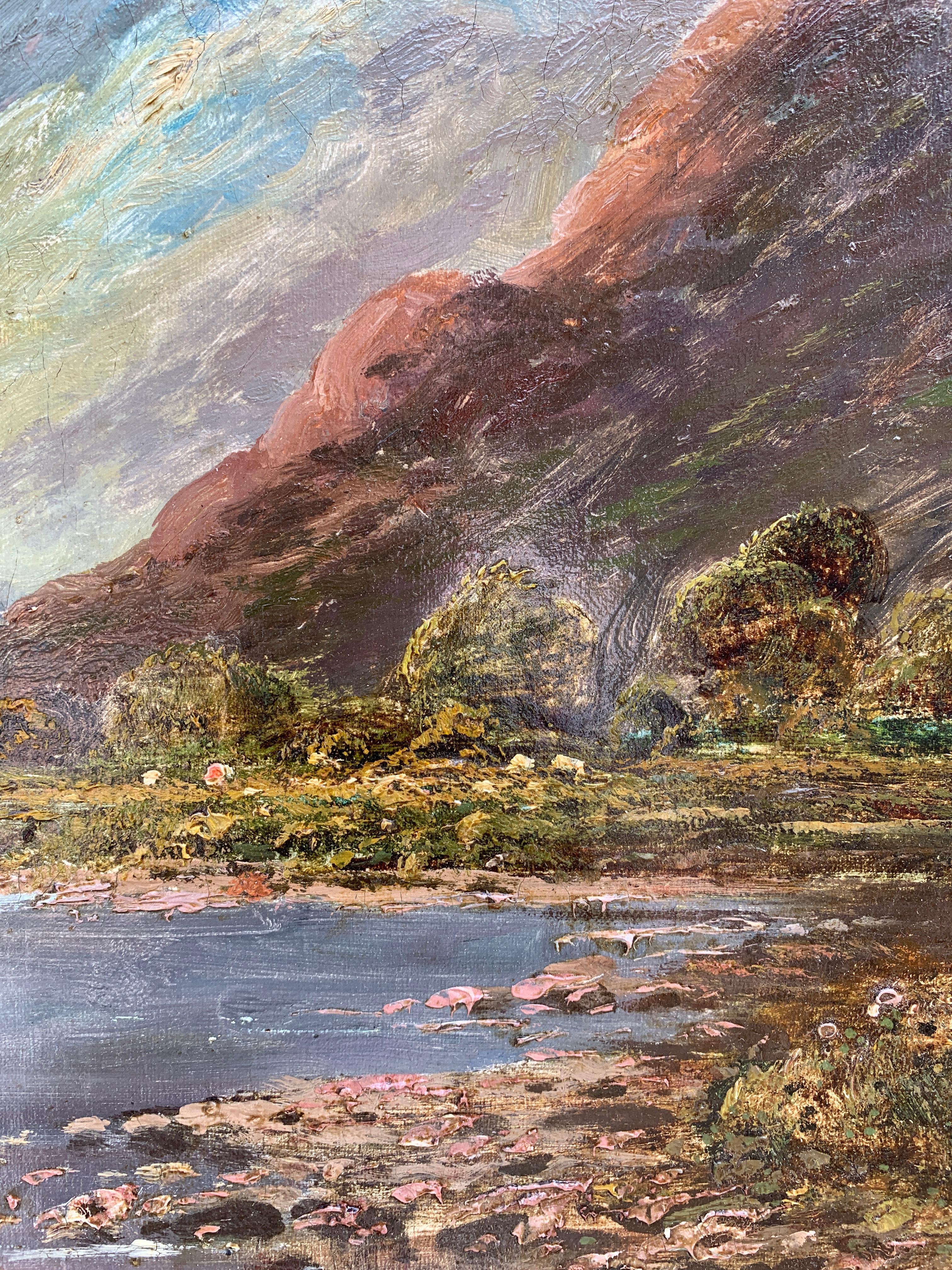Antique 19th century Oil, Scottish Highland Lock landscape with rising Sun - Victorian Painting by Clement Adams