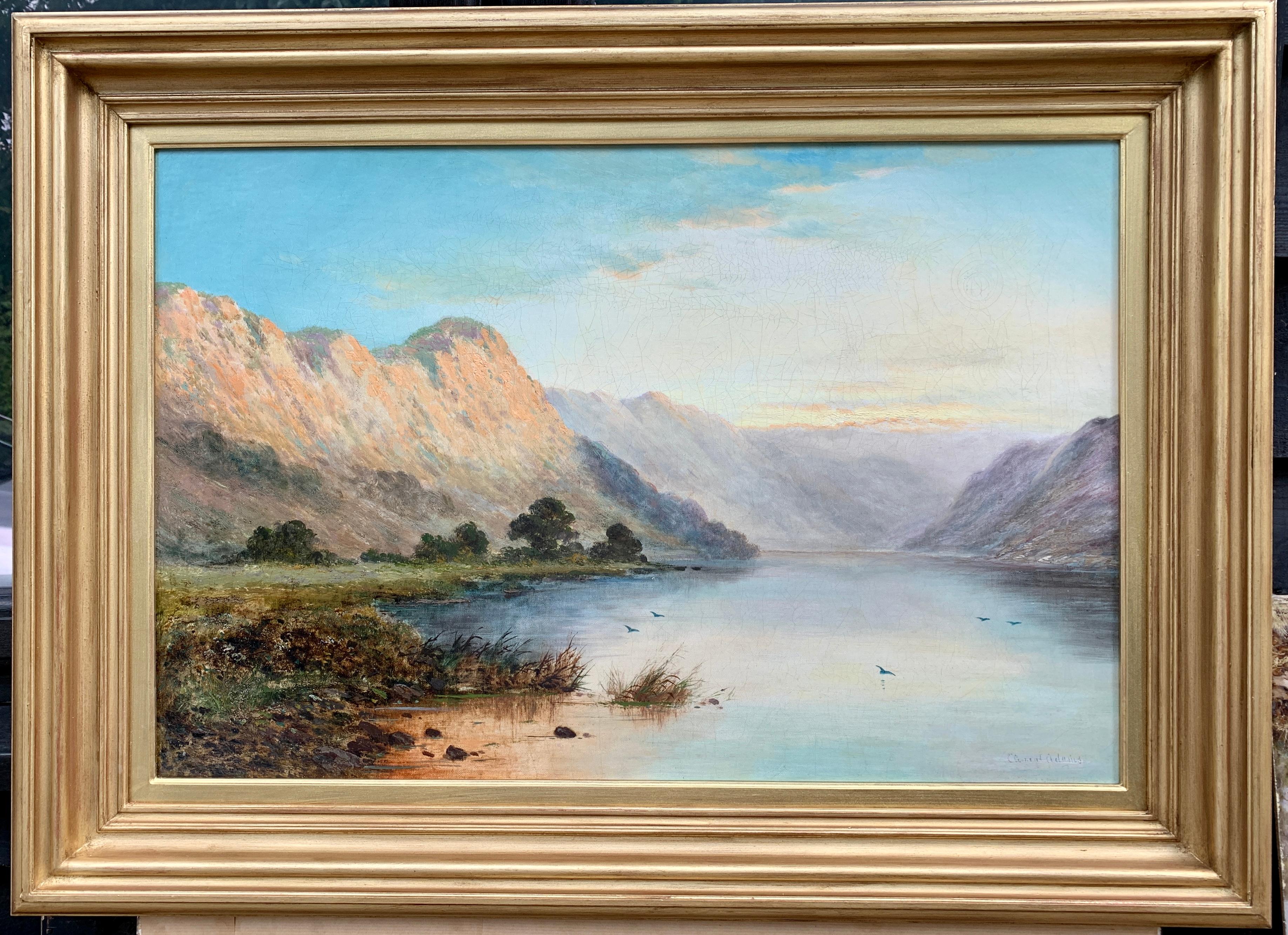Clement Adams Landscape Painting - Antique 19th century Oil, Scottish Highland Lock landscape with rising Sun