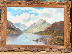 Ancienne huile du XIXe siècle, paysage écossais des Highland Lock avec soleil couchant