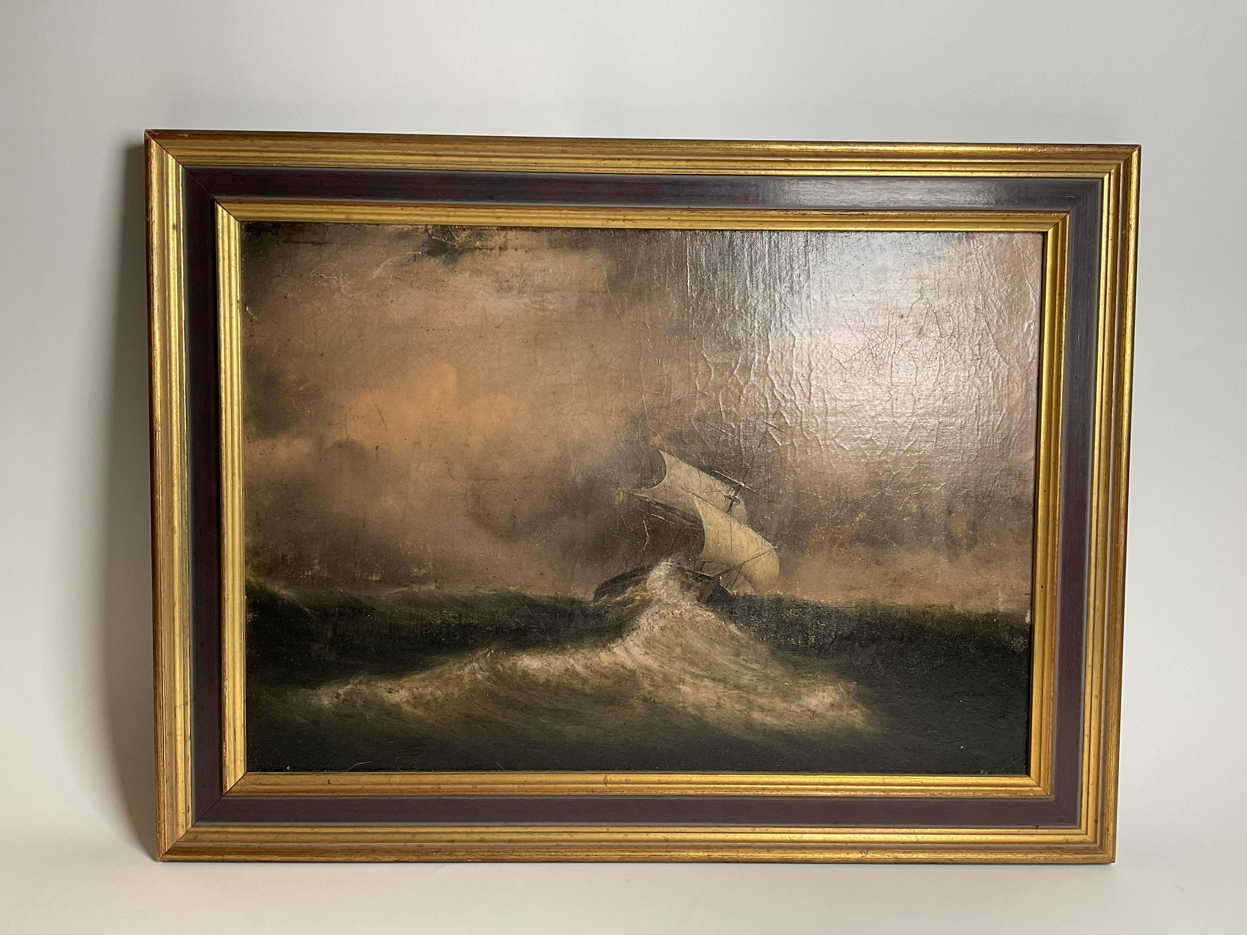 Oil on canvas of a ship sailing under shortened sail through high seas. Attributed to Clement Drew. Unsigned. Relined. 18