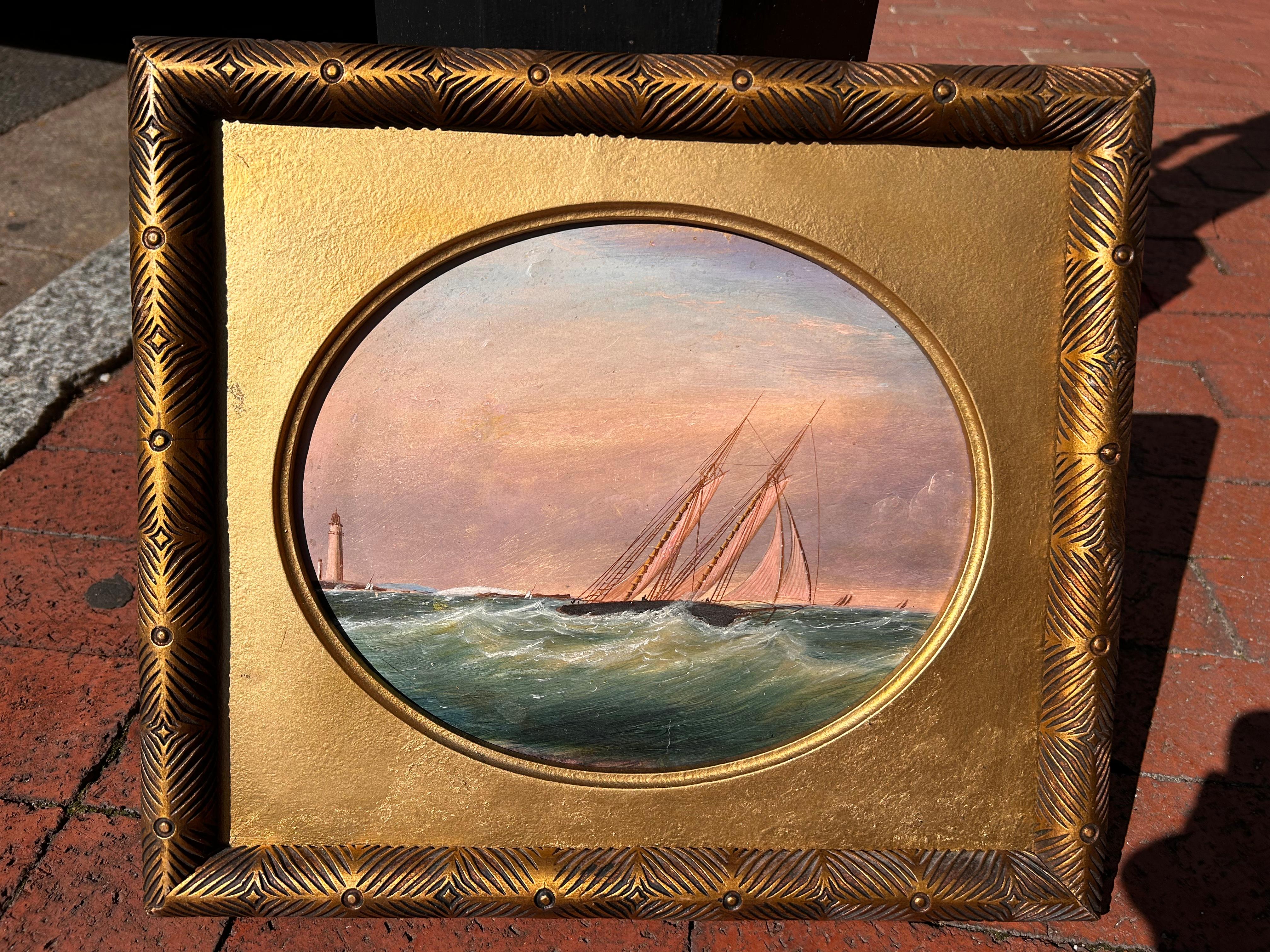 Landscape of A Schooner Sailing Near Lighthouse - Painting by Clement Drew