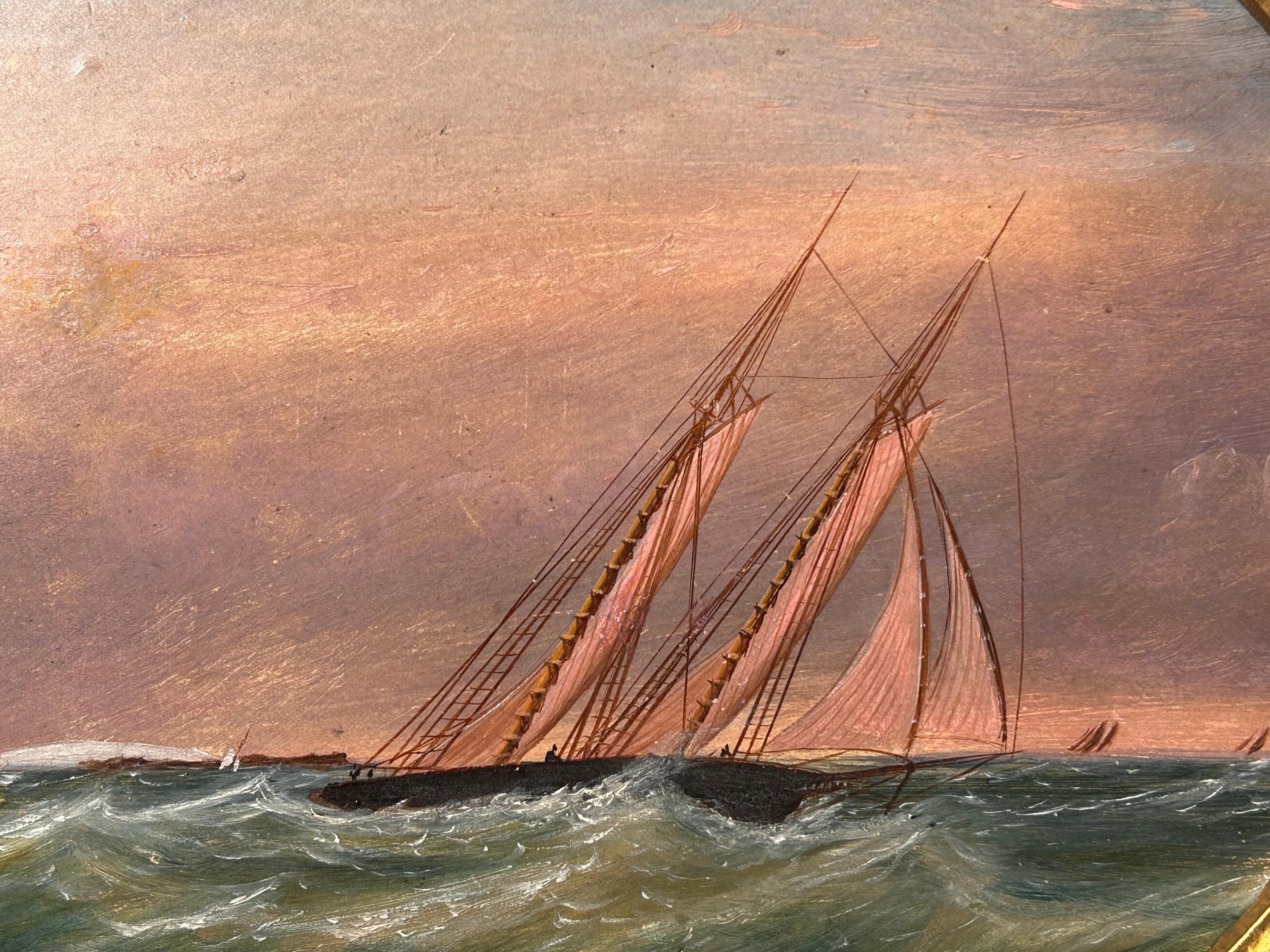 Landscape of A Schooner Sailing Near Lighthouse - Impressionist Painting by Clement Drew