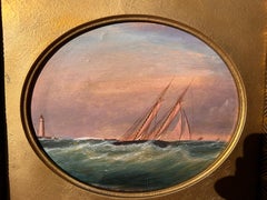 Antique Landscape of A Schooner Sailing Near Lighthouse