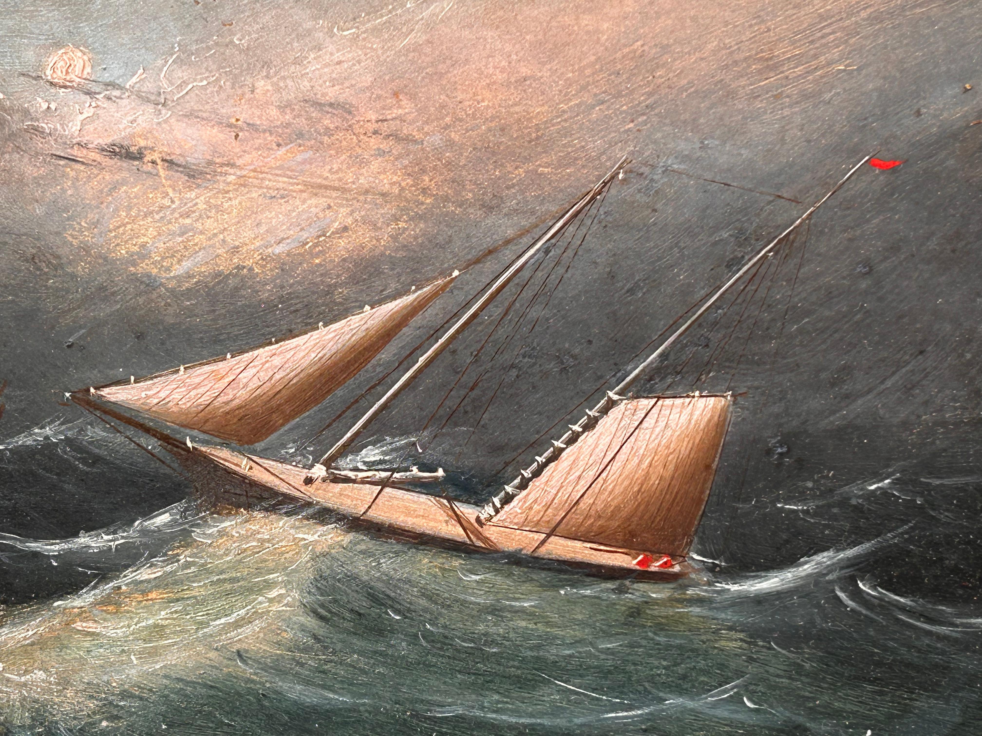Landscape of Sailboat Racing Off the Coast Near the Lighthouse - Impressionist Painting by Clement Drew