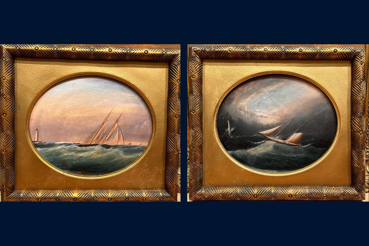 Clement Drew Landscape Painting – Paar Meereslandschaften mit Boot mit Boot