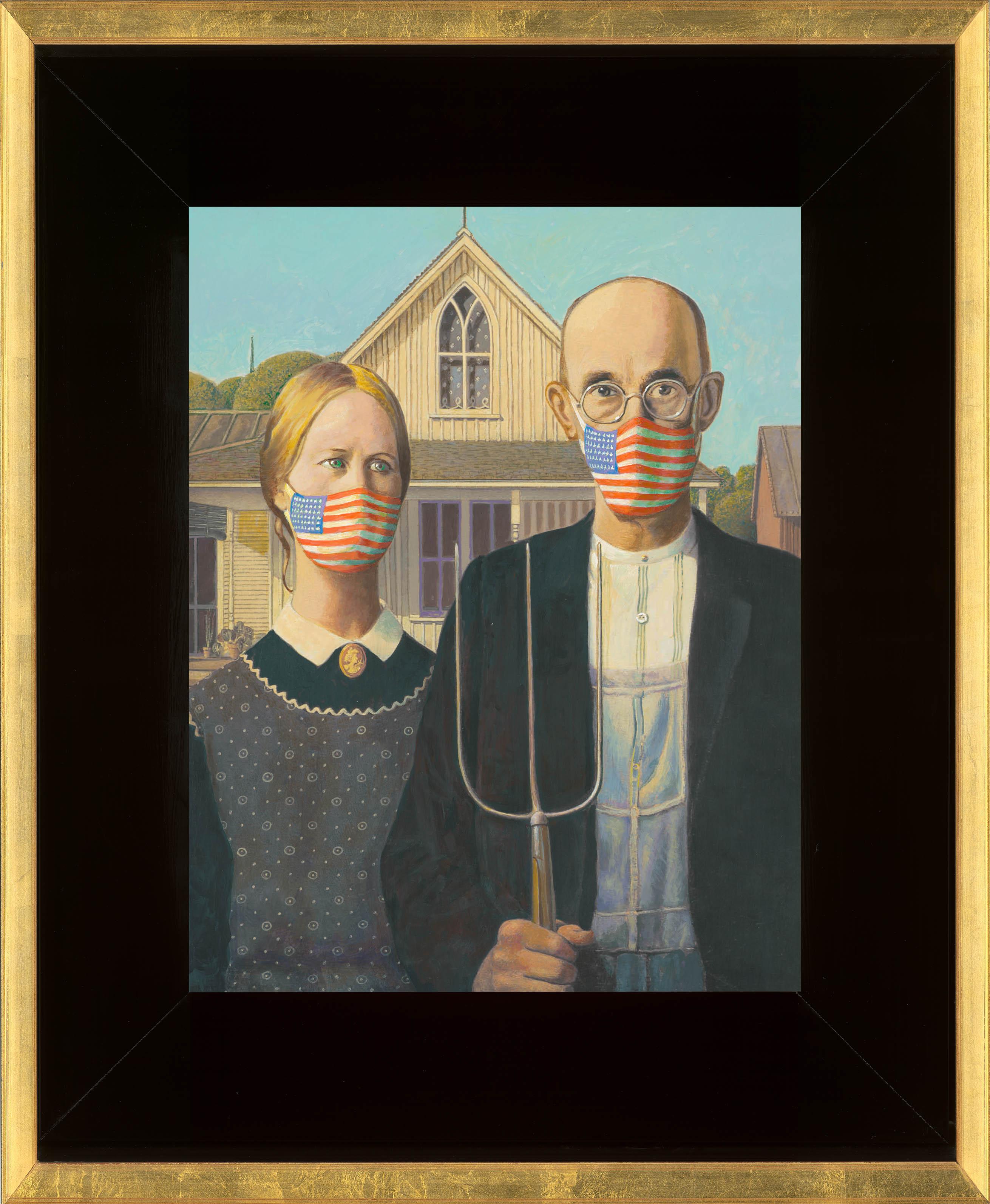 Grant Wood “American Gothic” masked with the American flag & Unmasked - Painting by Clement Kamena