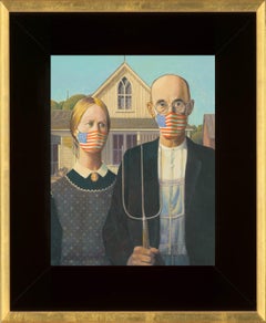 Grant Wood “American Gothic” masked with the American flag & Unmasked