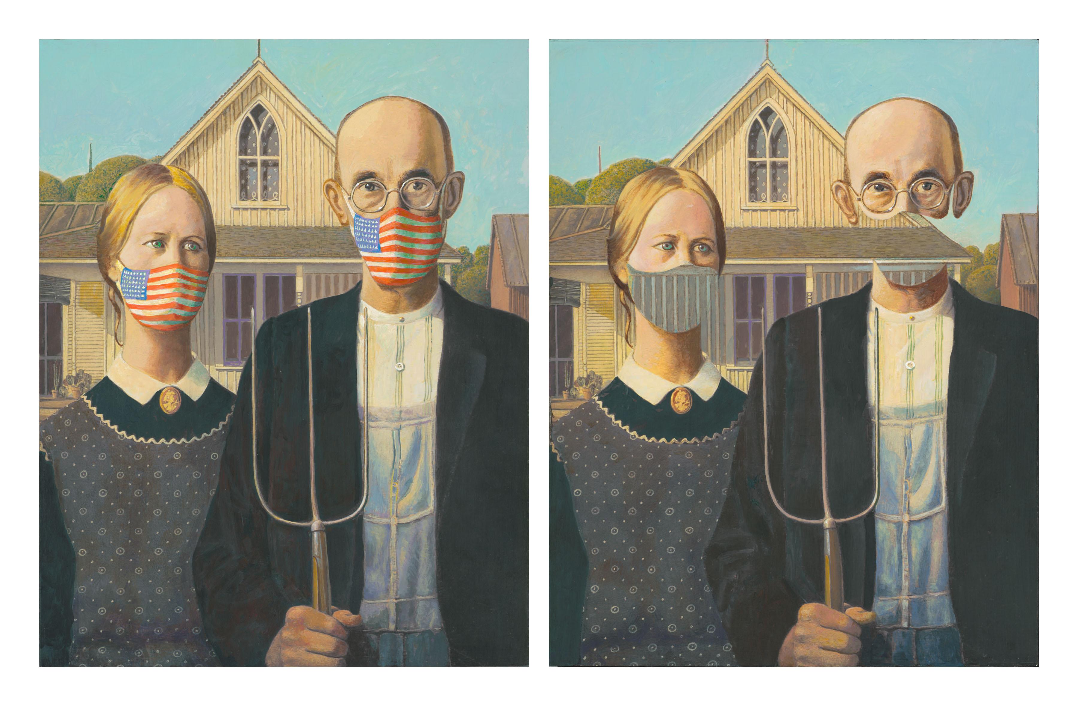 Clement Kamena Portrait Painting - Grant Wood “American Gothic” masked with the American flag & Unmasked