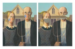 Grant Wood “American Gothic” masked with the American flag & Unmasked