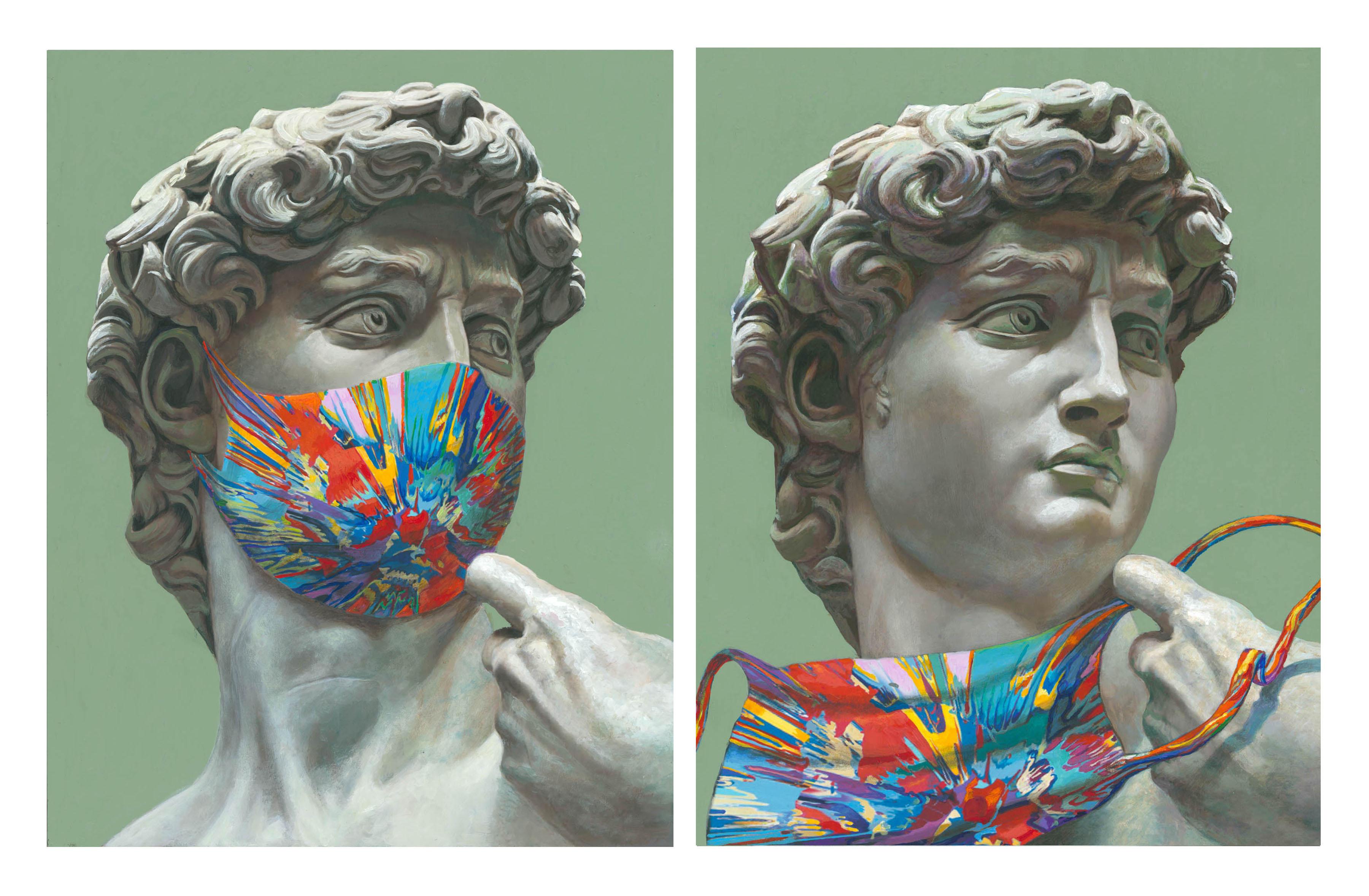 Clement Kamena Portrait Painting - Michelangelo “David” with Damien Hirst’s mask & Unmasked