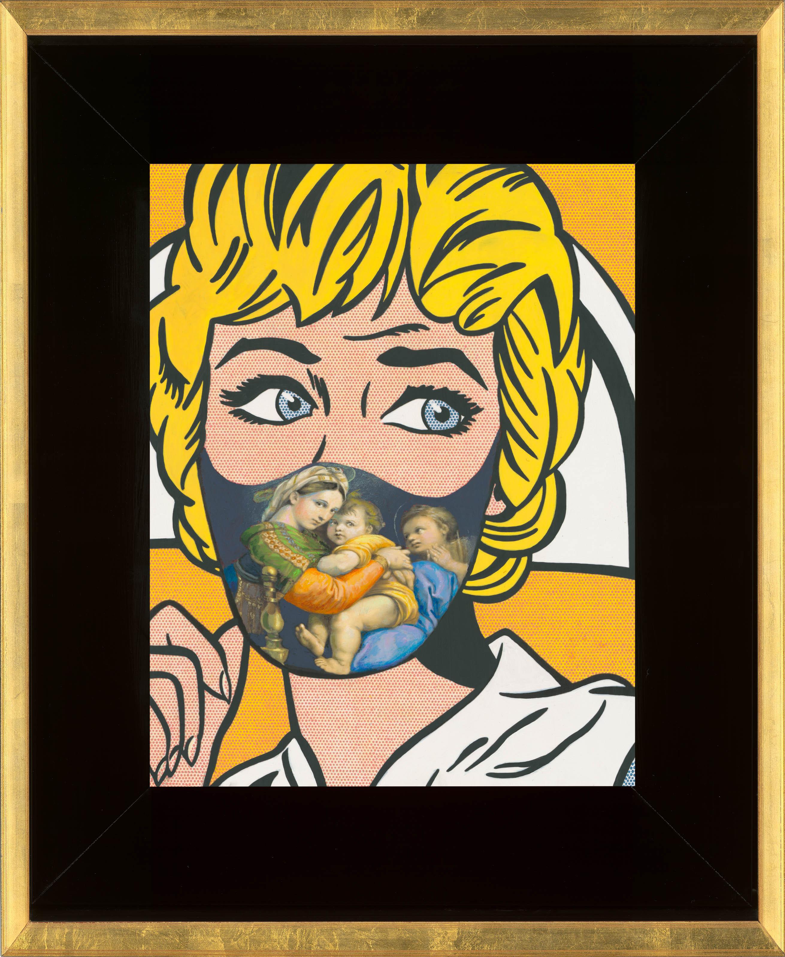 Roy Lichtenstein “Nurse” masked with Raphael’s “Madonna della Seggiola” & Unmask - Painting by Clement Kamena