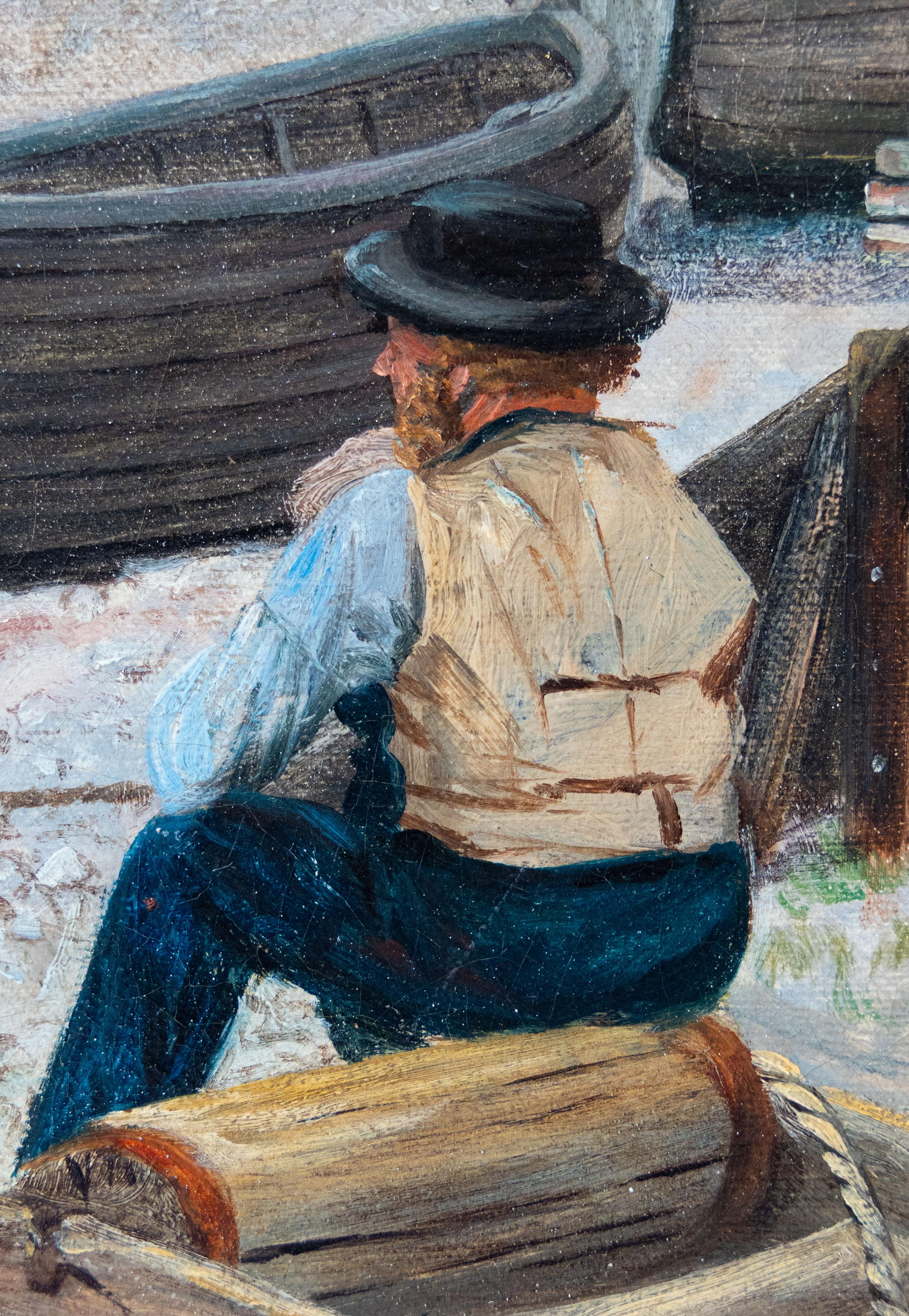 Clement Lambert (1855-1925)

Fischer an der Küste
Öl auf Leinwand

Diese stimmungsvolle Küstenszene von Clement Lambert zeigt einen einsamen Fischer, der am Strand steht und seinen Blick auf das offene Meer gerichtet hat. Sein kleines Boot liegt