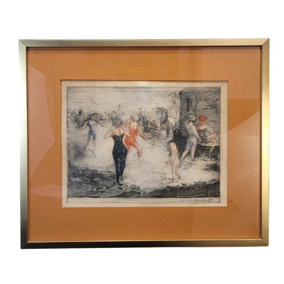 Gouache Art Nouveau Inglés Día en la playa por Clement Lambert - Painting de Clement Lambert (1855 – 1925) –