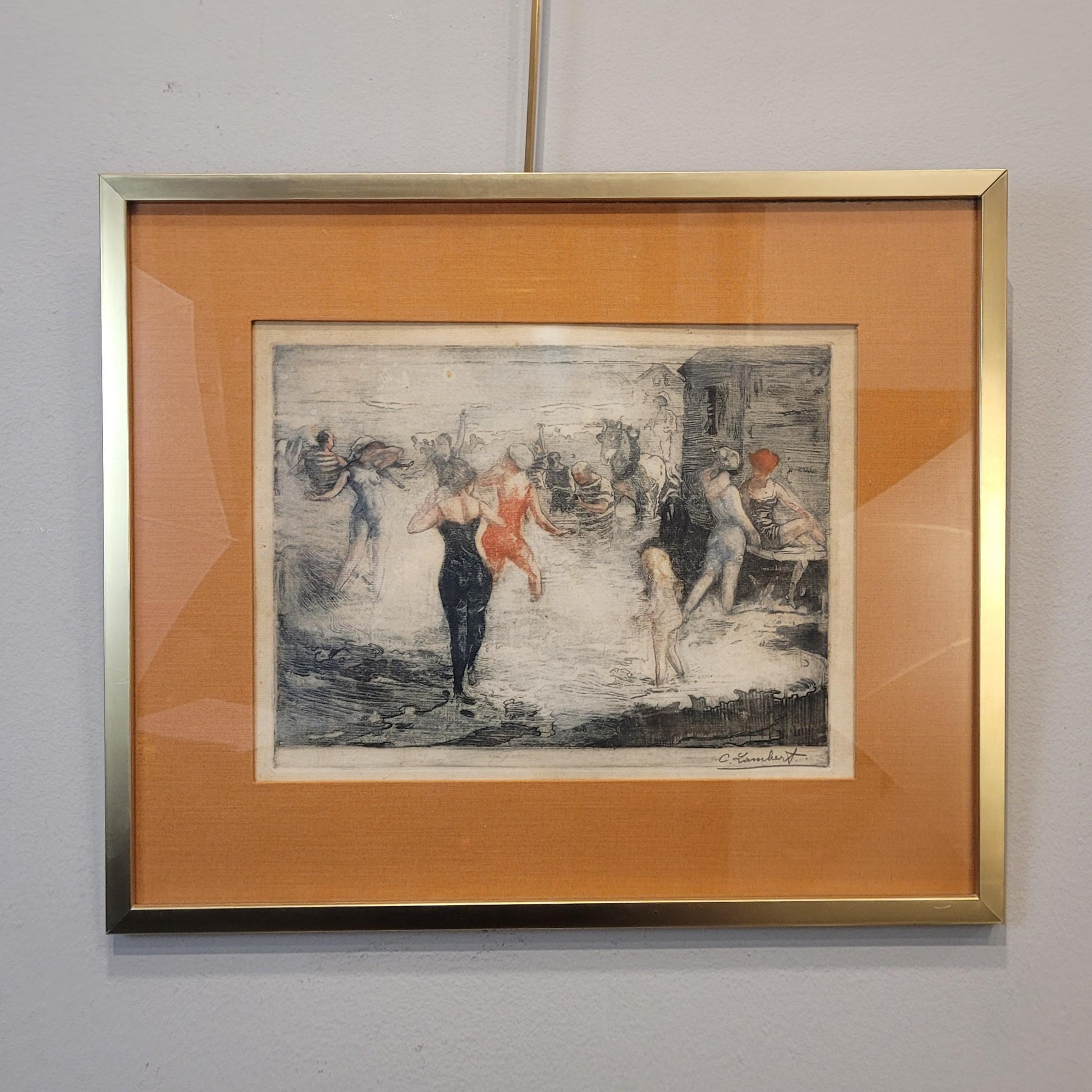 Destacado  Pintura al gouache del pintor británico Clement Lambert (1855-1925). La obra representa una escena de ocio y recreo, muy típica de principios del siglo XX. En este caso, un grupo de personas parece estar disfrutando de un día en la playa.