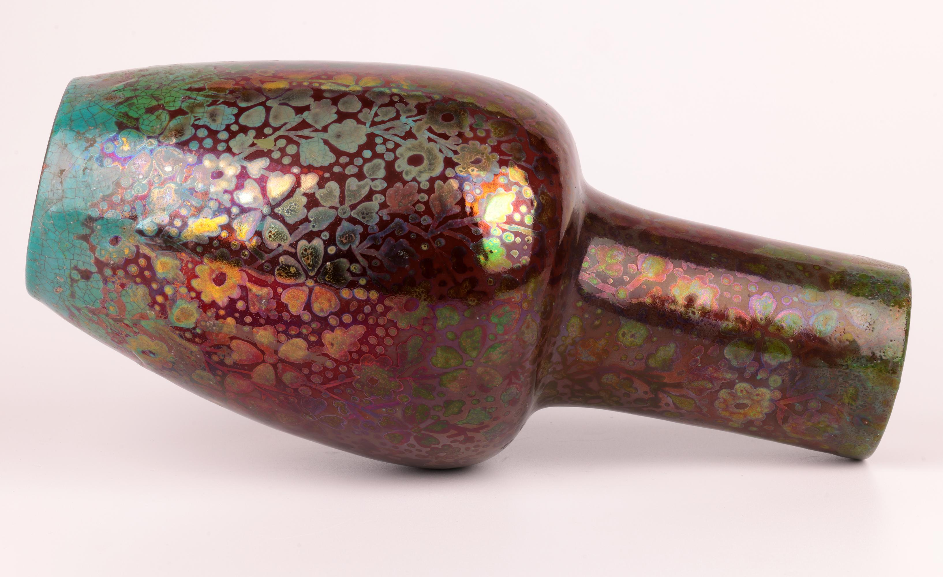 Clement Massier Attributed Art Nouveau Iridescent Floral Pottery Vase For Sale 3
