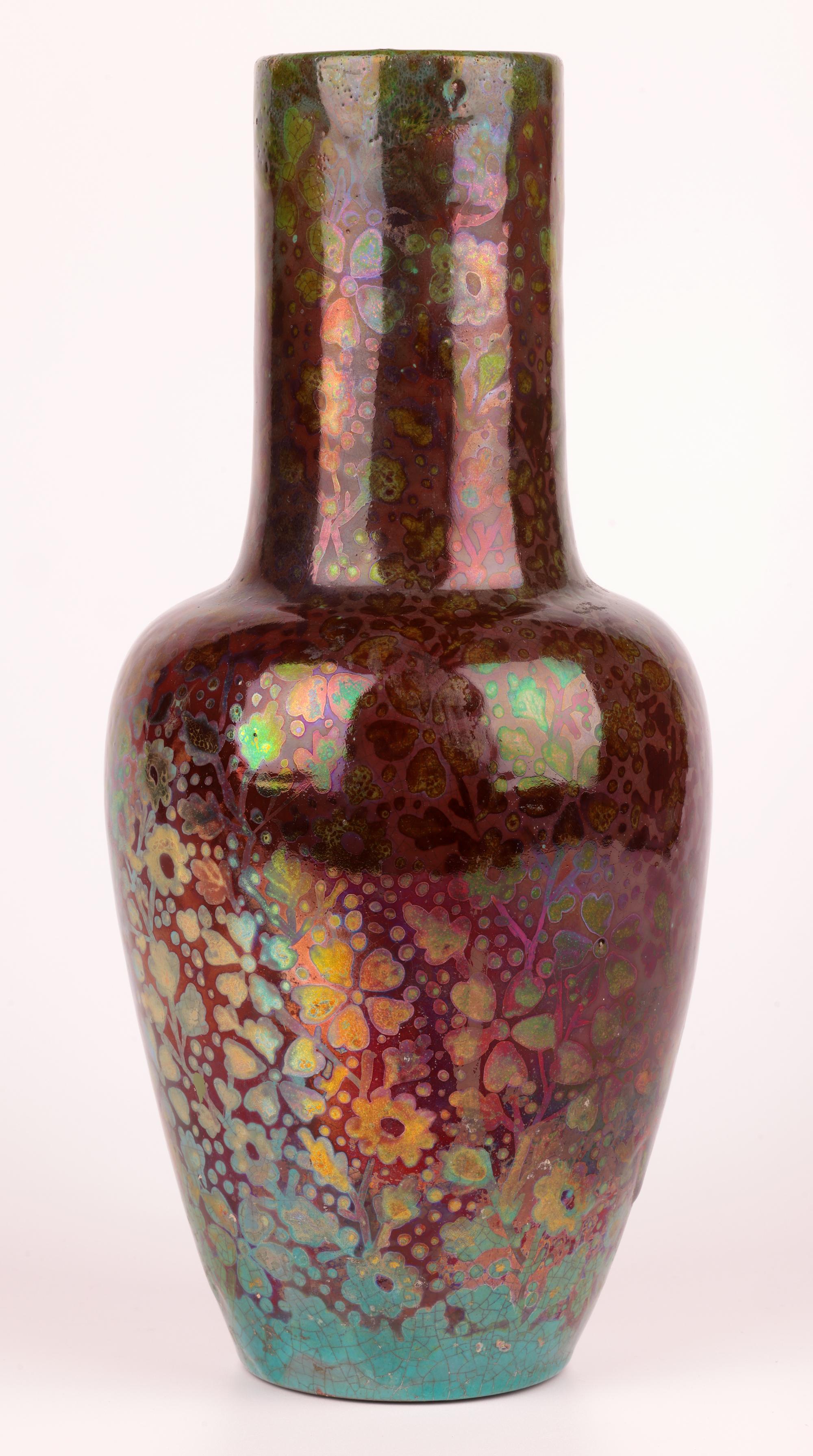 Clement Massier Attributed Art Nouveau Iridescent Floral Pottery Vase For Sale 8
