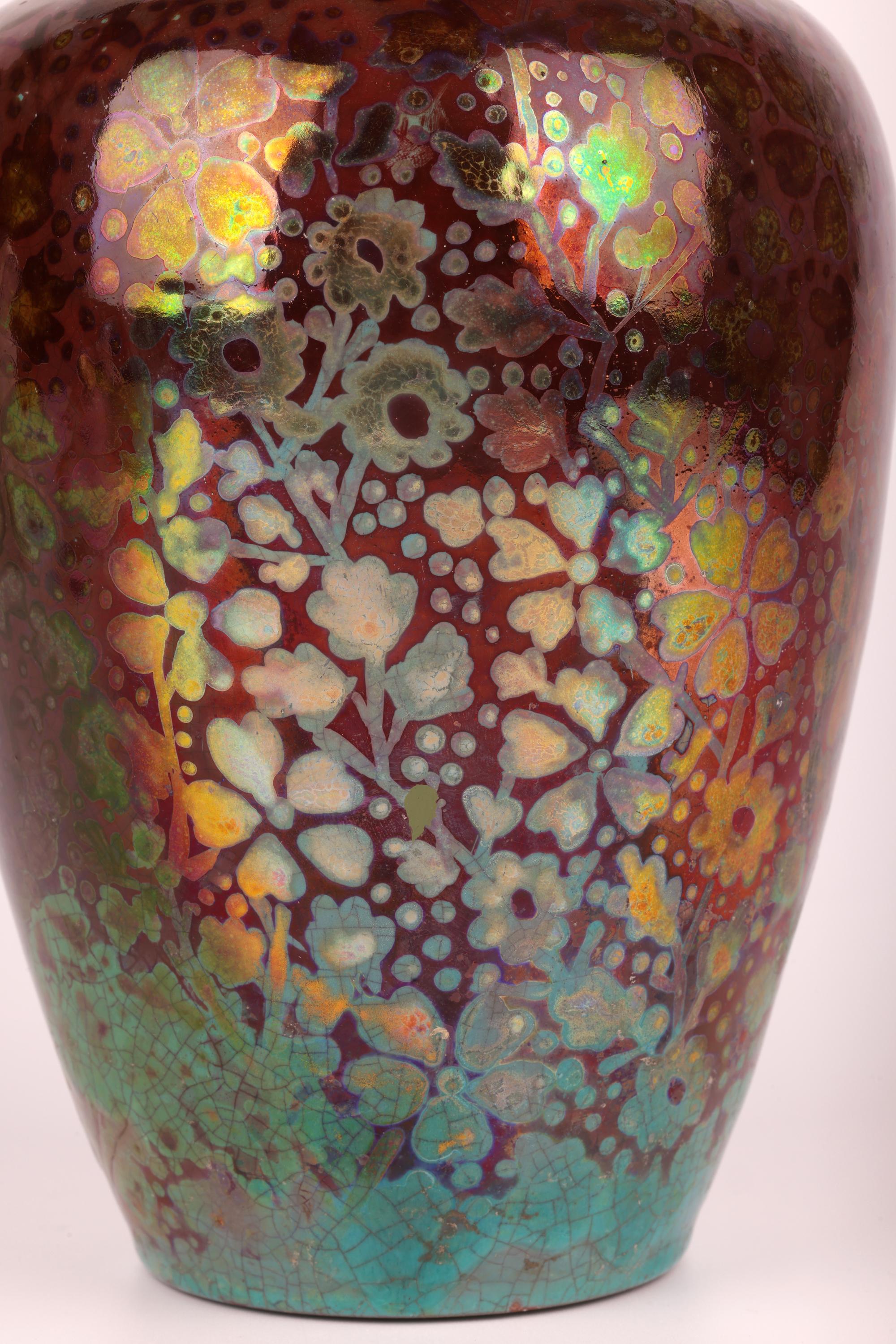 French Clement Massier Attributed Art Nouveau Iridescent Floral Pottery Vase For Sale