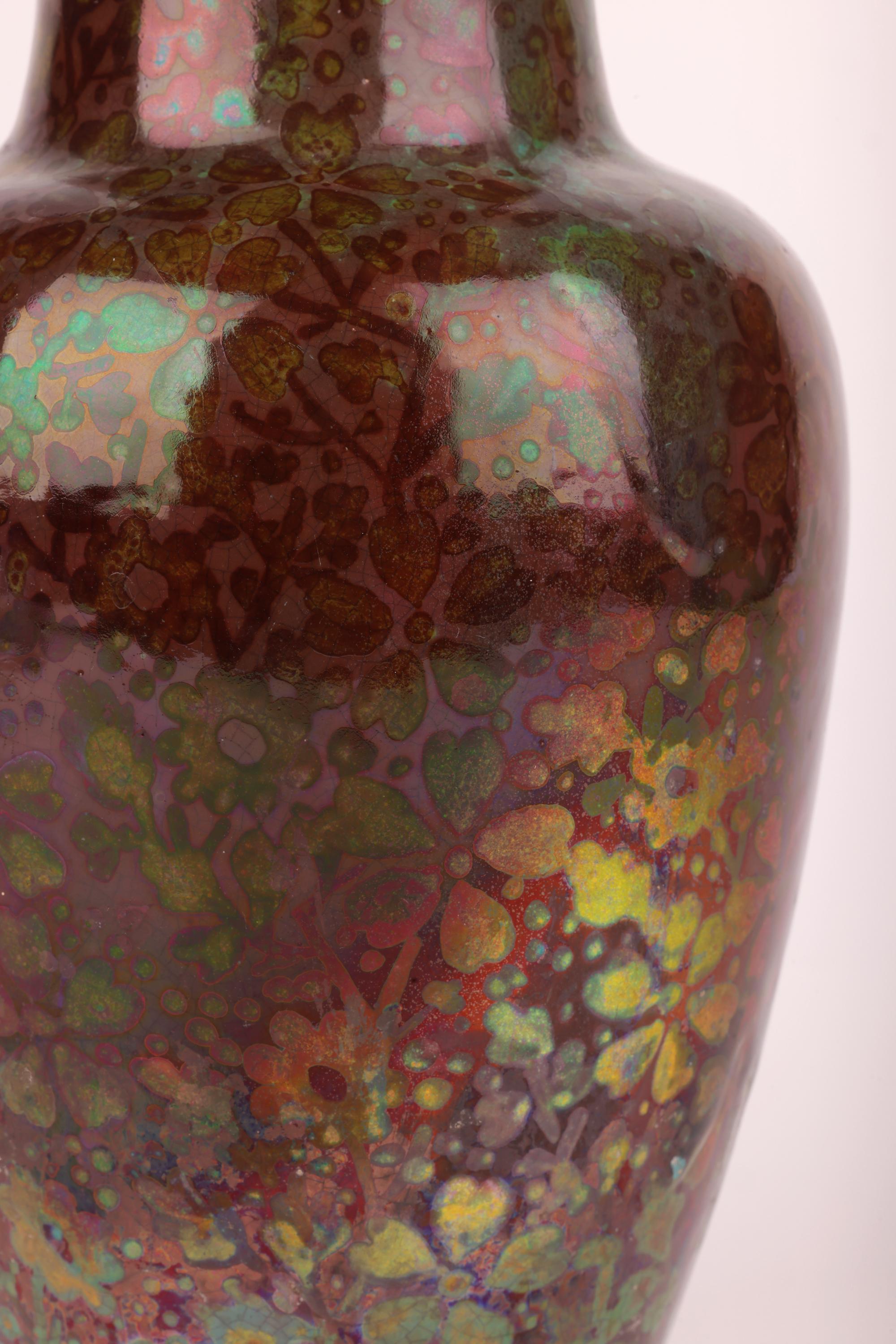 Glazed Clement Massier Attributed Art Nouveau Iridescent Floral Pottery Vase For Sale