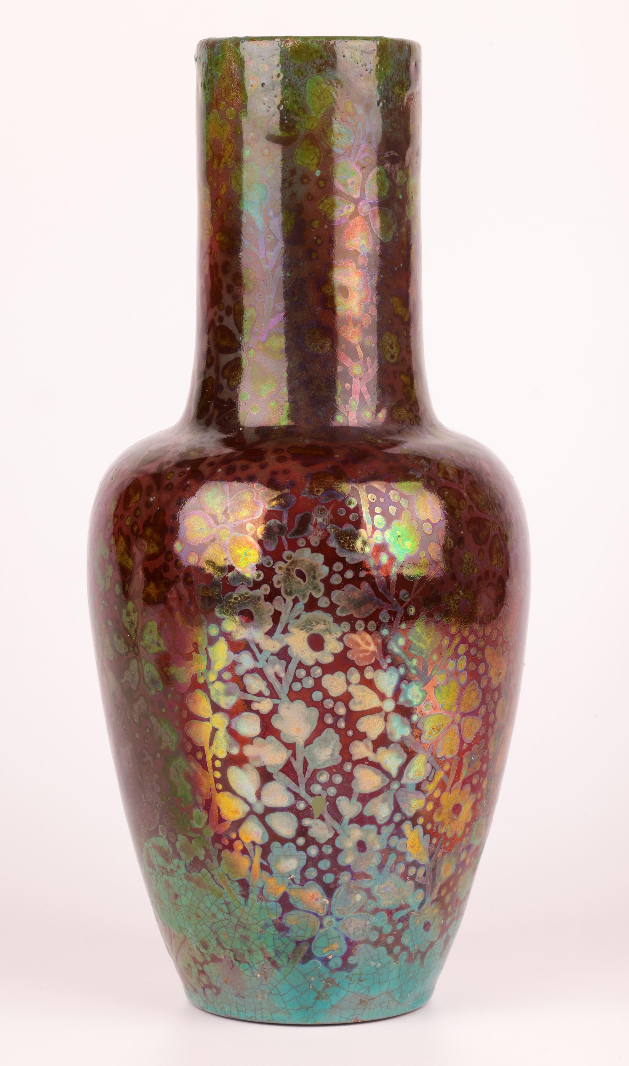 Late 19th Century Clement Massier Attributed Art Nouveau Iridescent Floral Pottery Vase For Sale