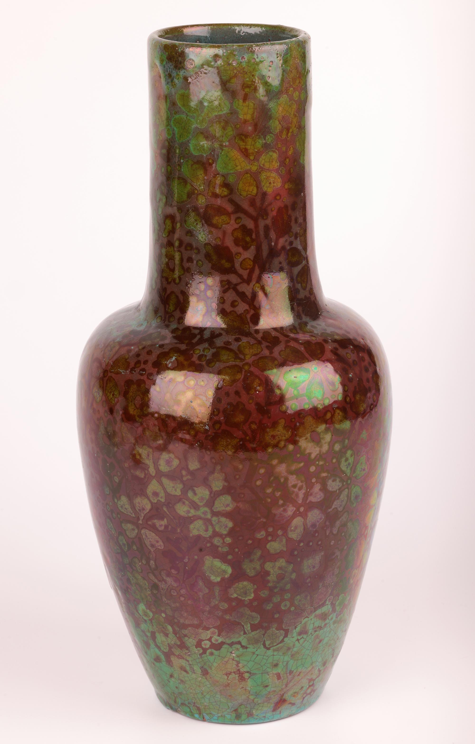 Clement Massier Attributed Art Nouveau Iridescent Floral Pottery Vase For Sale 1