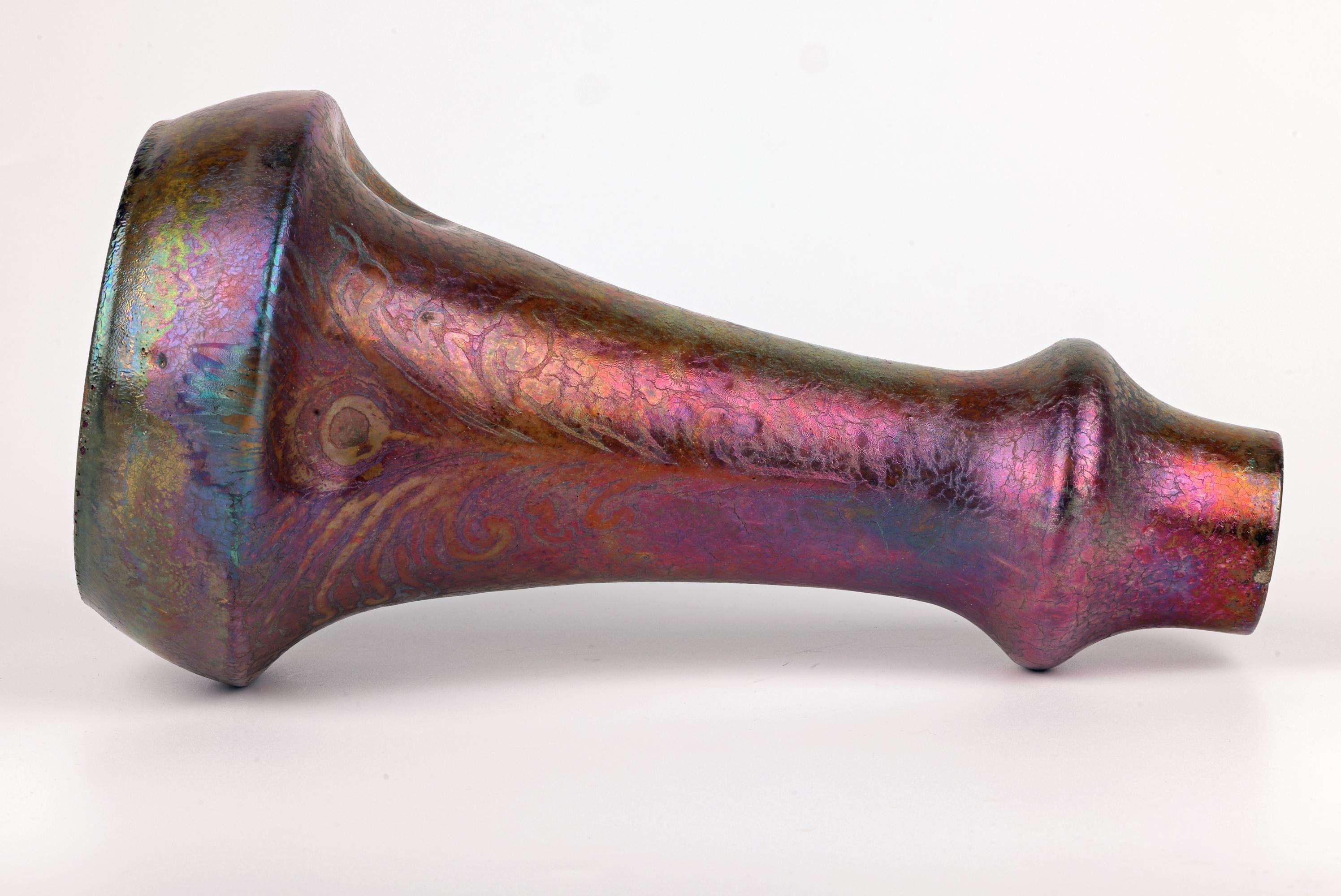 Clement Massier Attributed Art Nouveau Iridescent Peacock Feather Pottery Vase For Sale 3