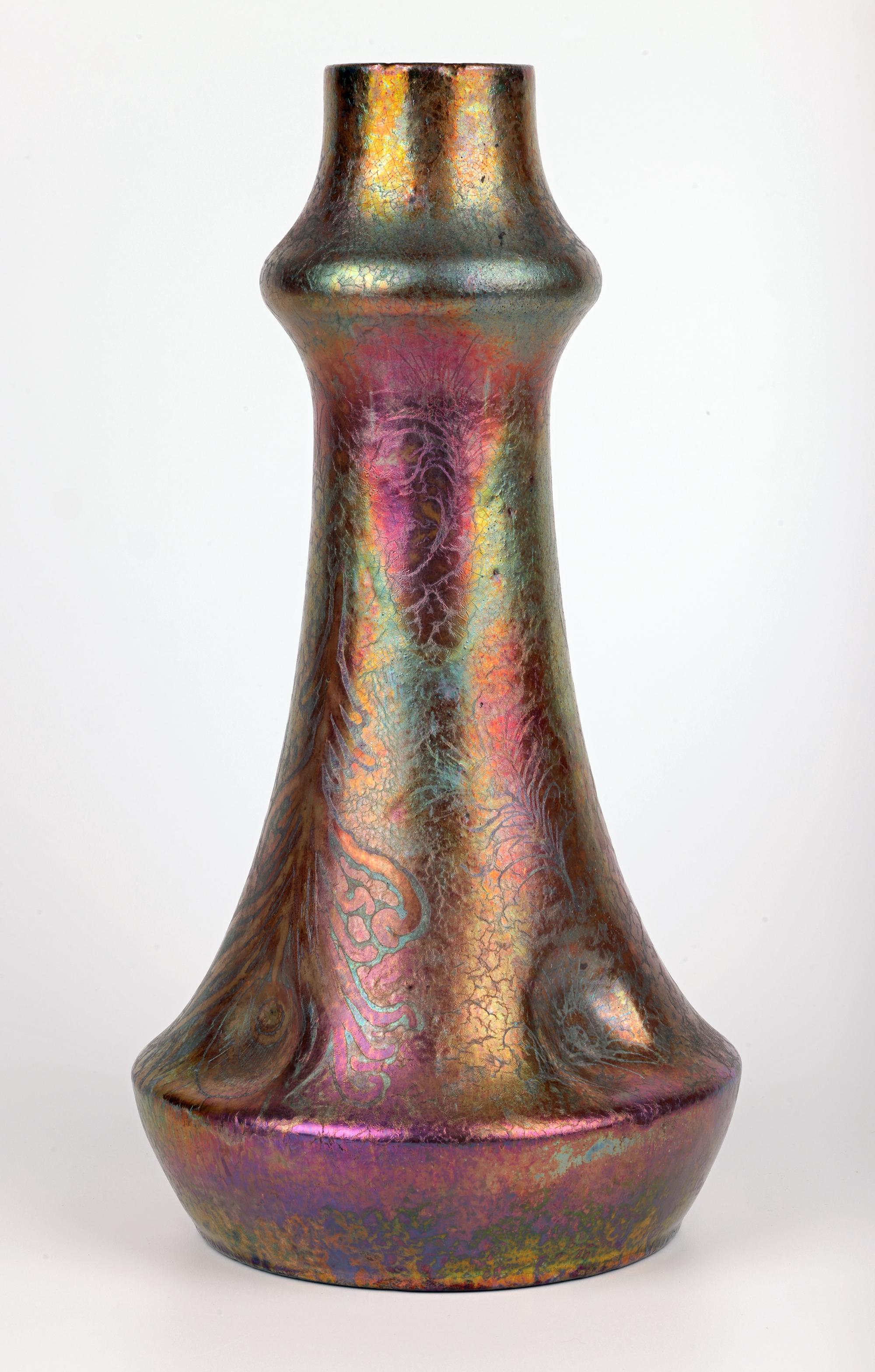 Clement Massier Attributed Art Nouveau Iridescent Peacock Feather Pottery Vase For Sale 4