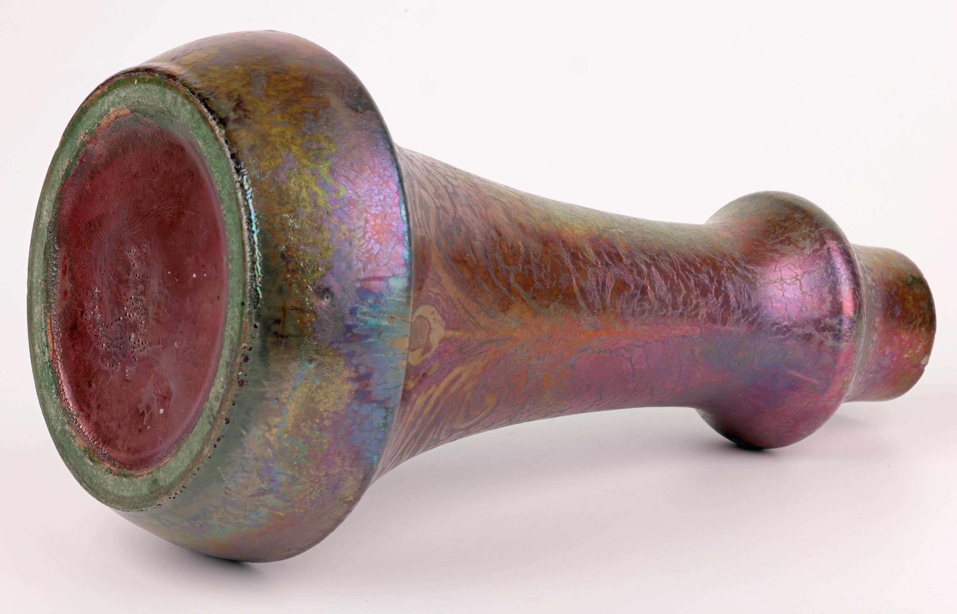 Clement Massier Attributed Art Nouveau Iridescent Peacock Feather Pottery Vase For Sale 5