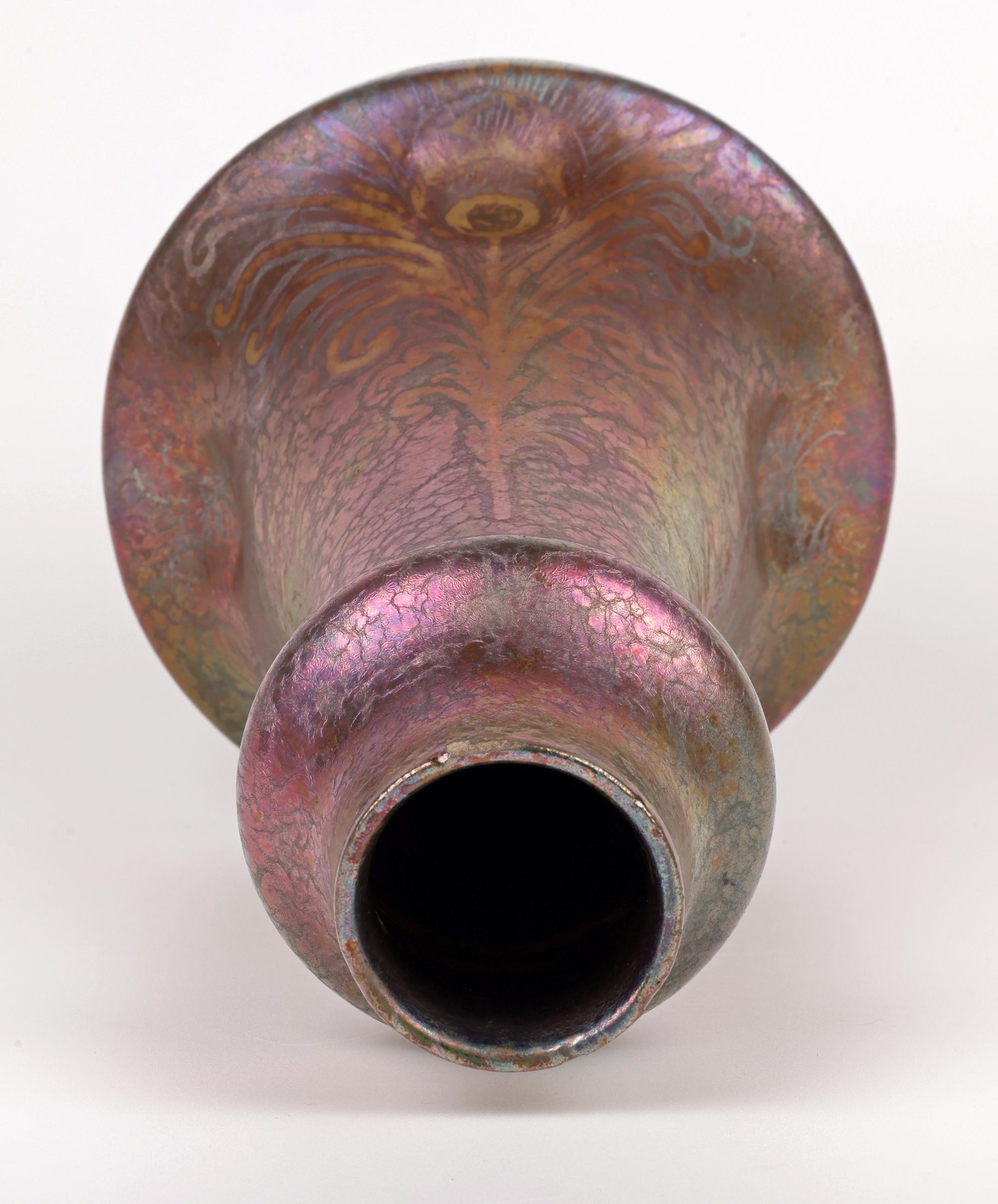 Clement Massier Attributed Art Nouveau Iridescent Peacock Feather Pottery Vase For Sale 6