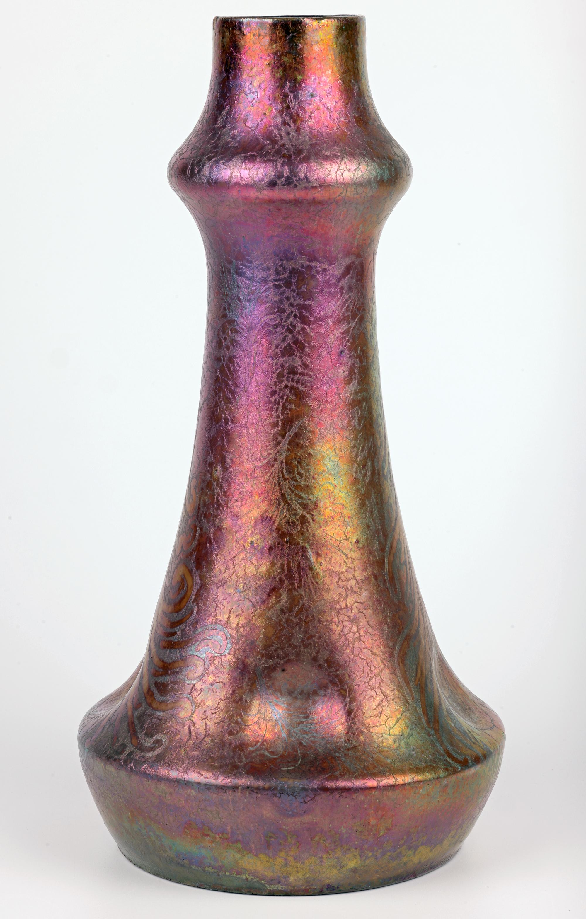 Clement Massier Attributed Art Nouveau Iridescent Peacock Feather Pottery Vase For Sale 7
