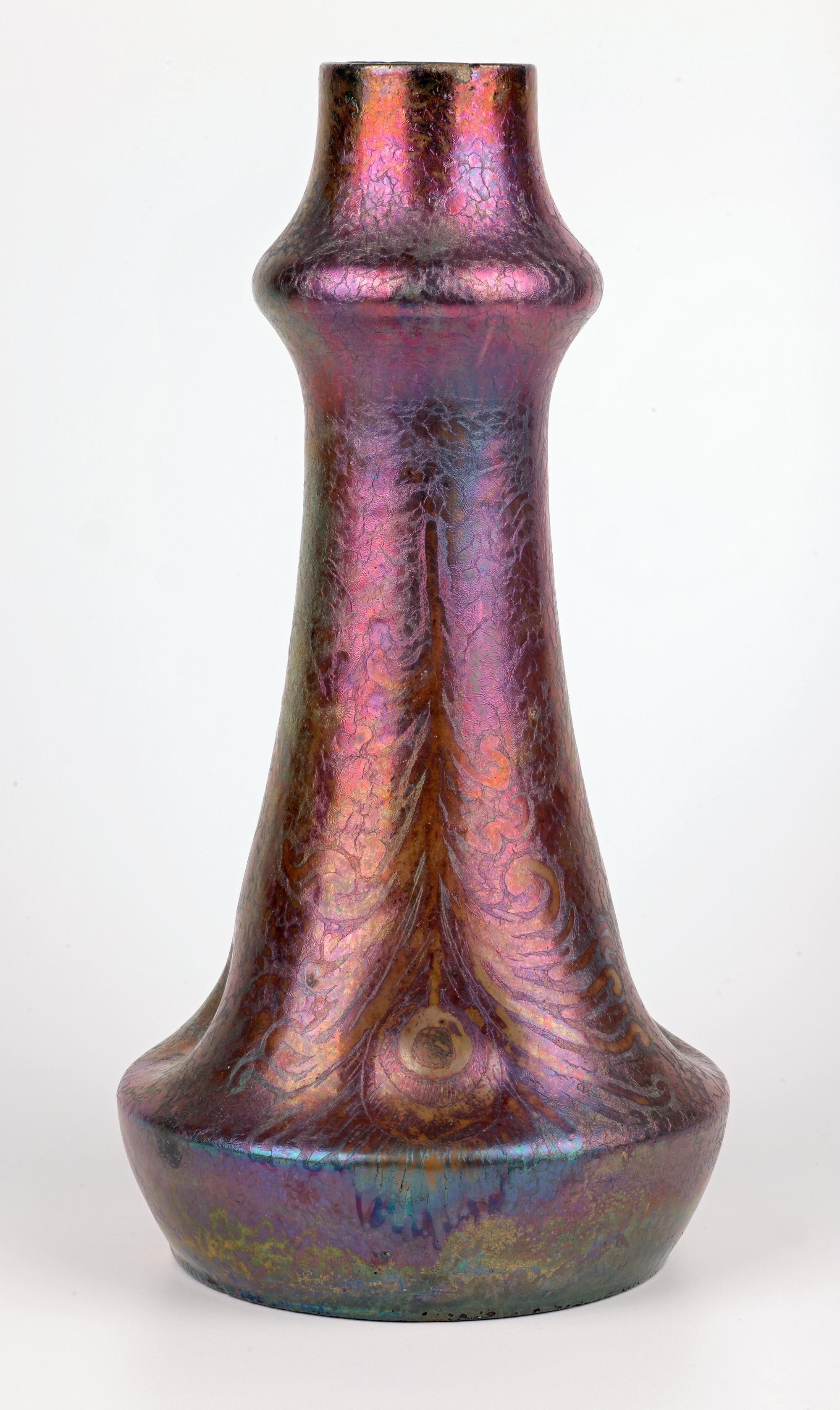 Clement Massier Attributed Art Nouveau Iridescent Peacock Feather Pottery Vase For Sale 9