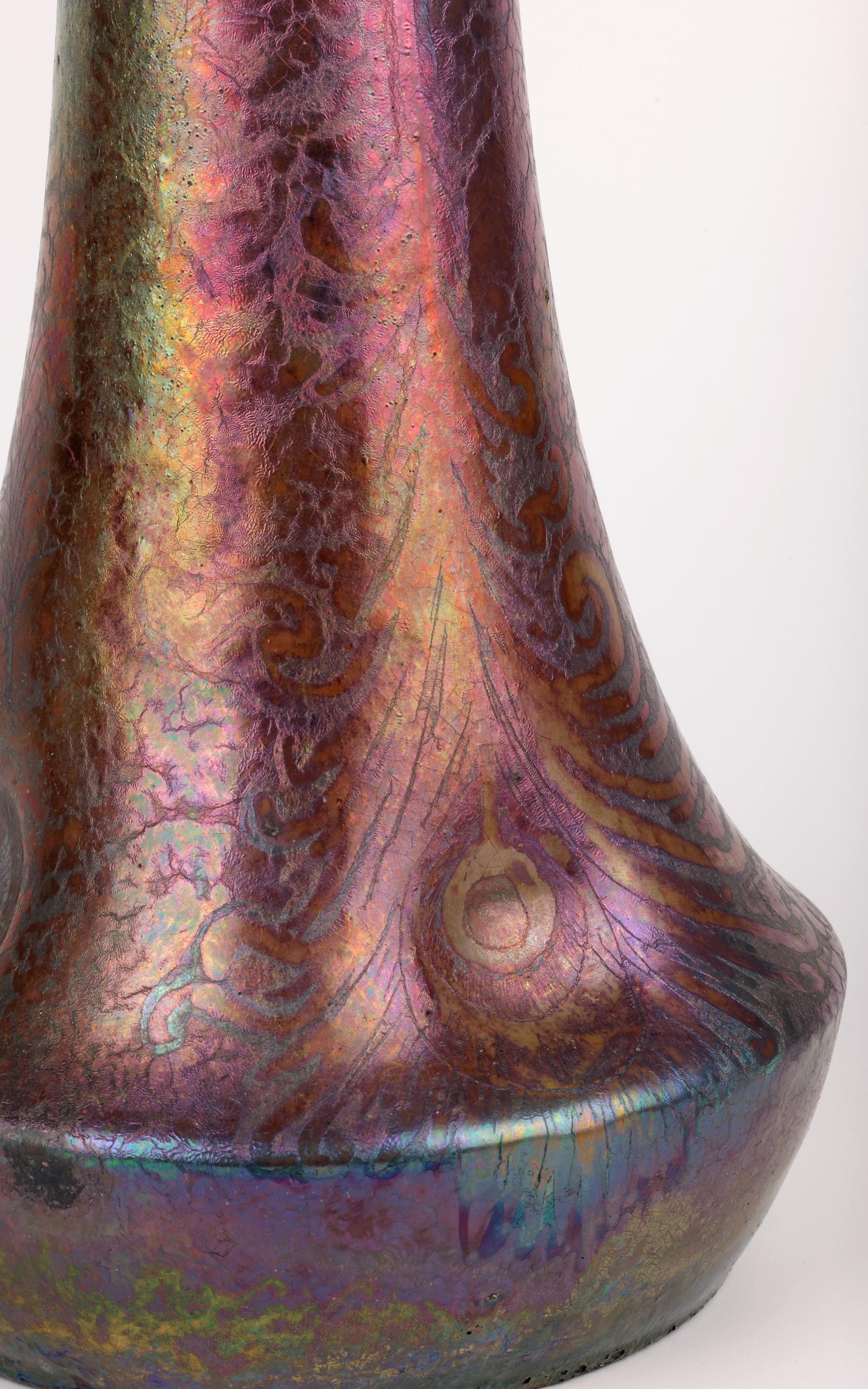 Clement Massier Attributed Art Nouveau Iridescent Peacock Feather Pottery Vase For Sale 11