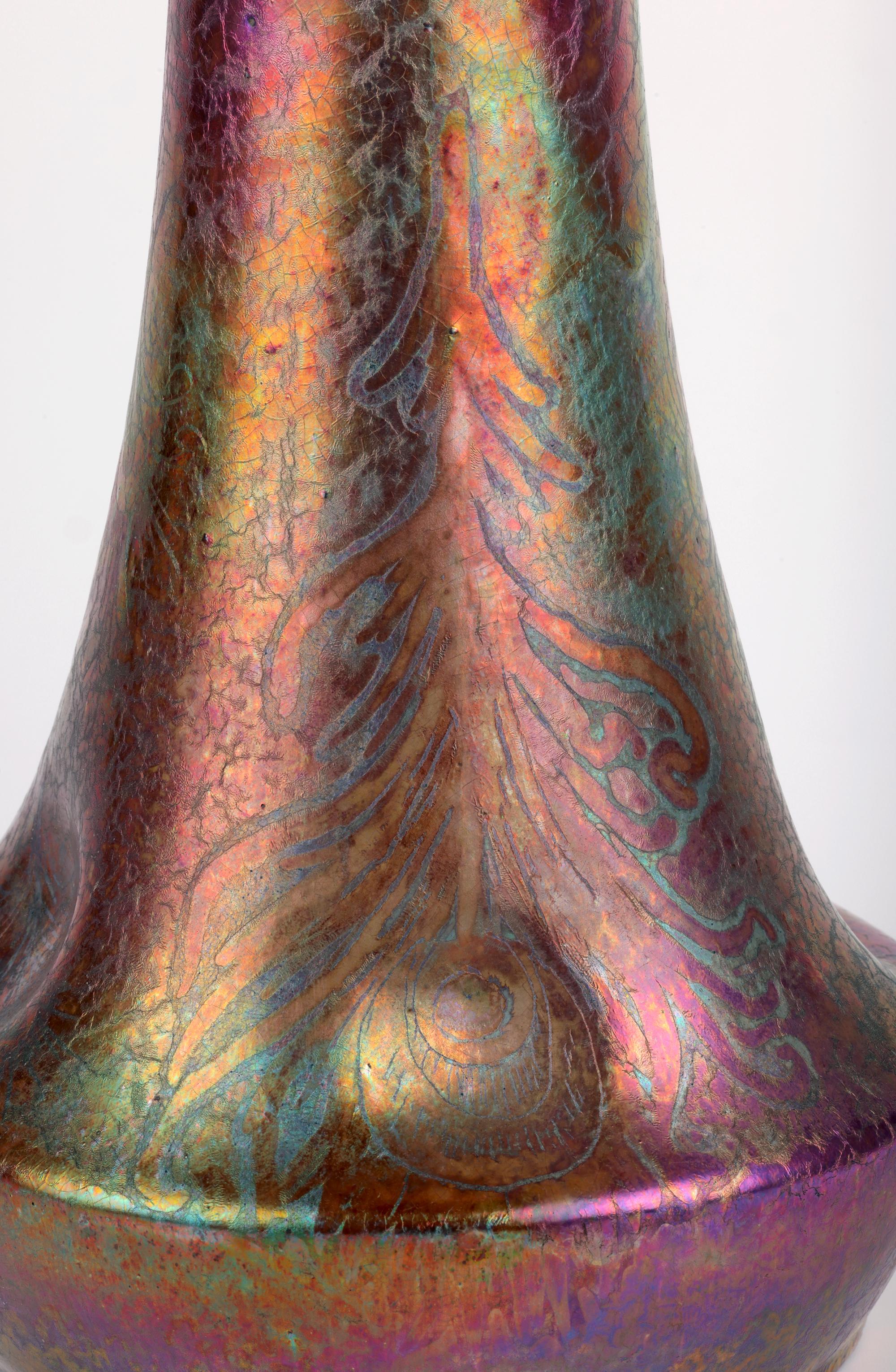 French Clement Massier Attributed Art Nouveau Iridescent Peacock Feather Pottery Vase For Sale