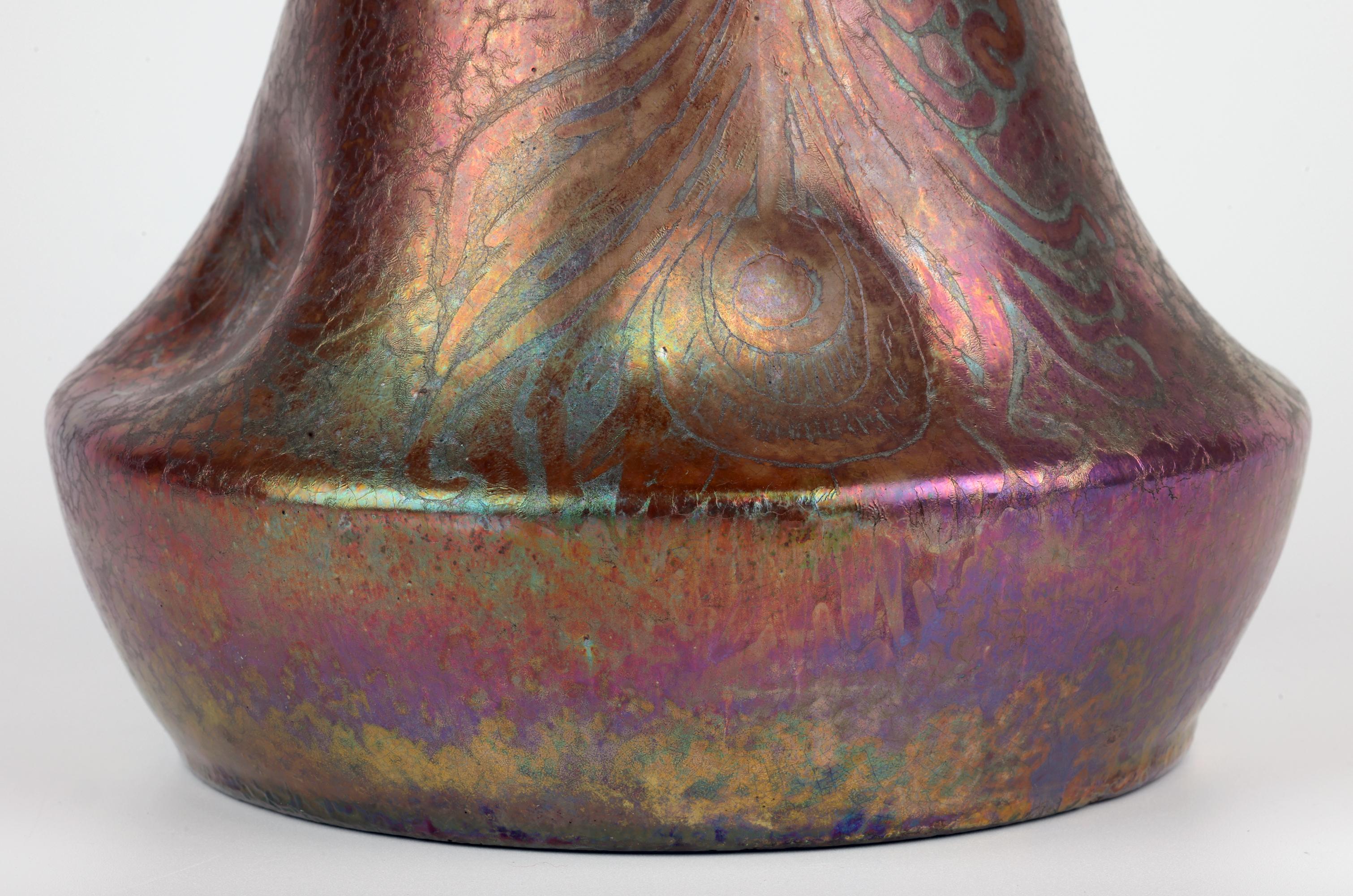 Clement Massier Attributed Art Nouveau Iridescent Peacock Feather Pottery Vase In Good Condition For Sale In Bishop's Stortford, Hertfordshire
