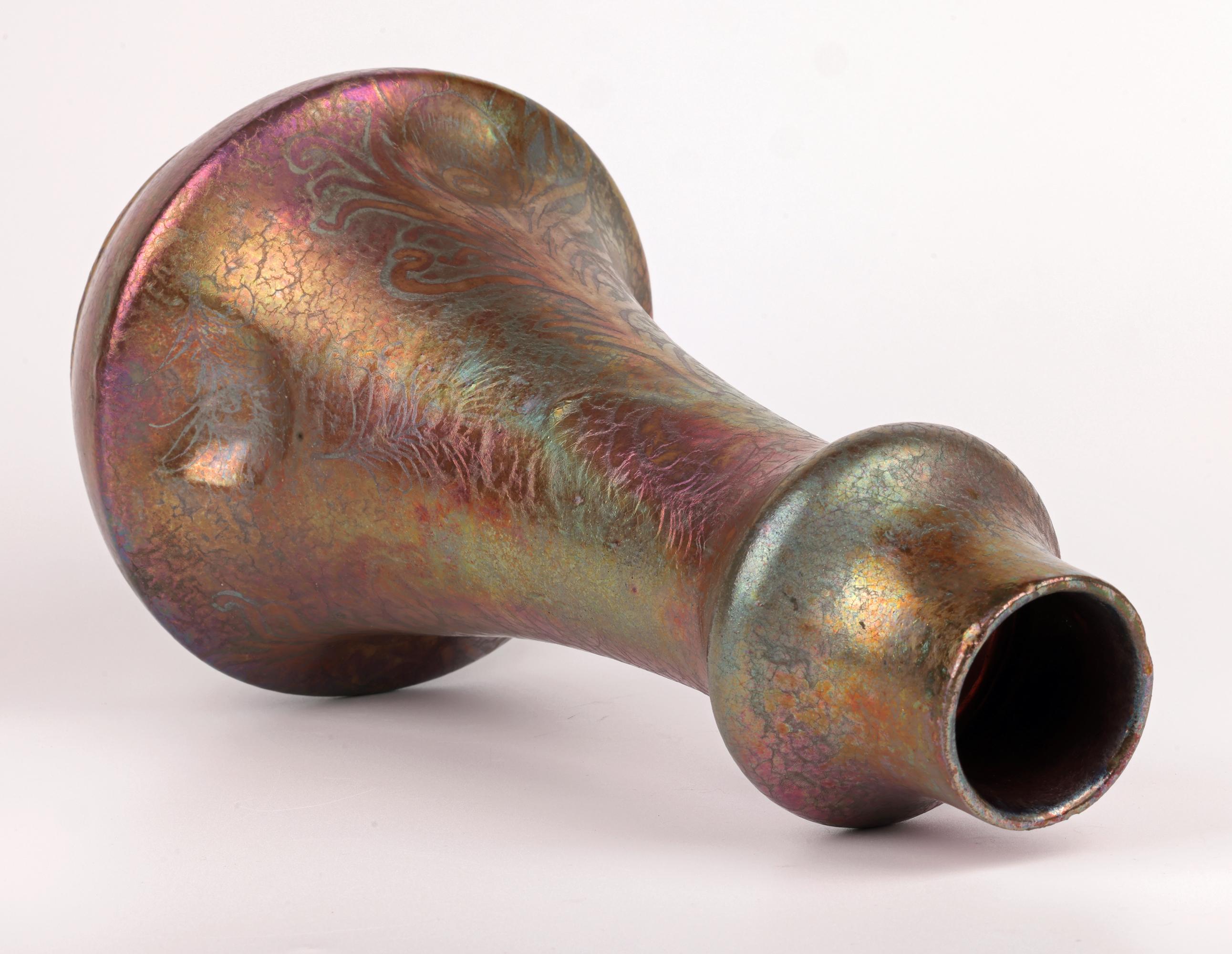 Earthenware Clement Massier Attributed Art Nouveau Iridescent Peacock Feather Pottery Vase For Sale