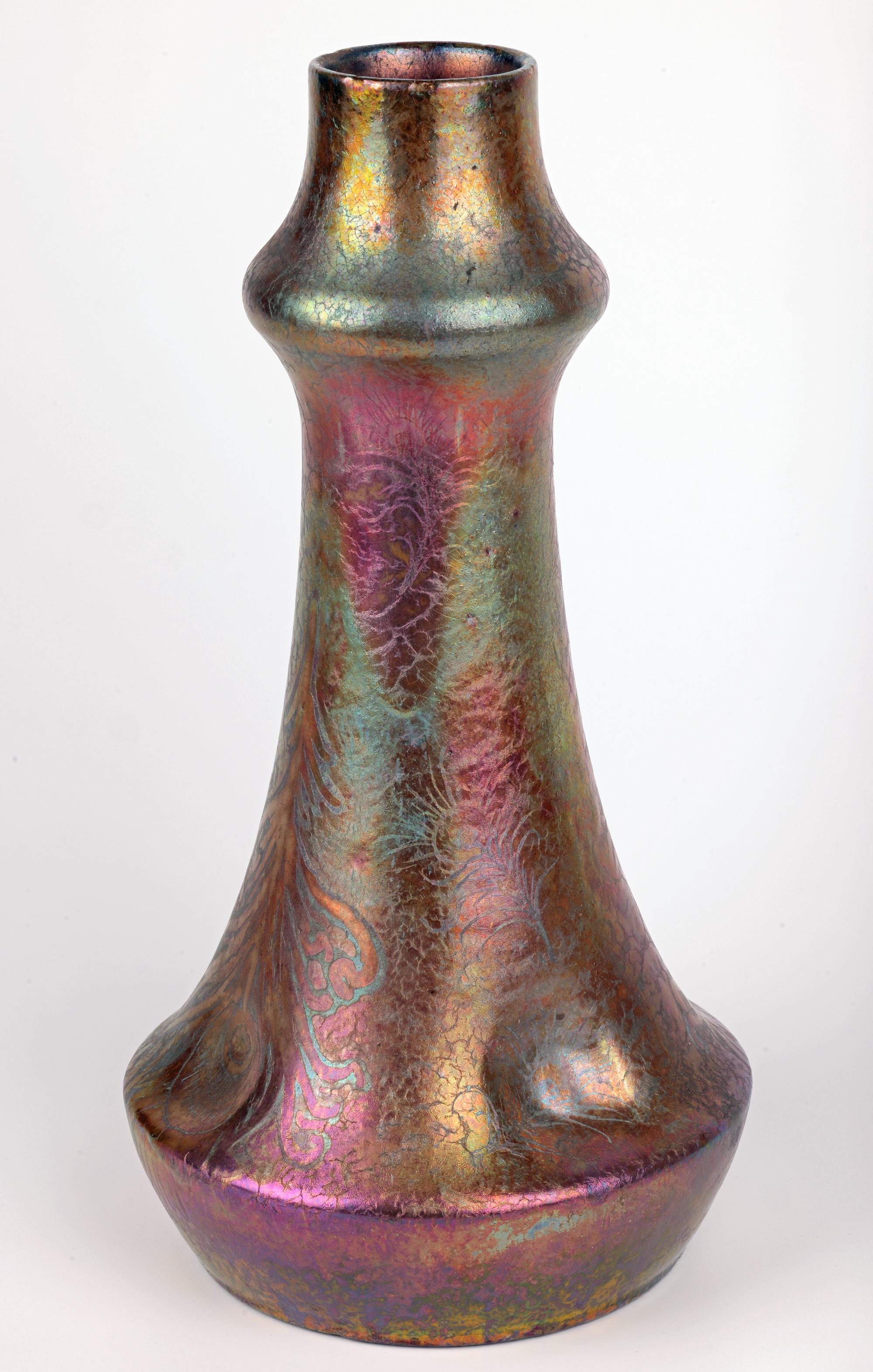 Clement Massier Attributed Art Nouveau Iridescent Peacock Feather Pottery Vase For Sale 1