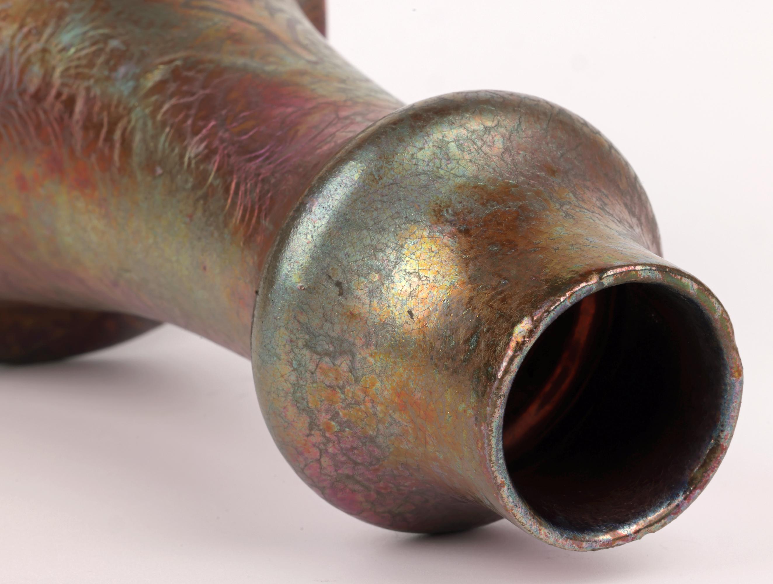 Clement Massier Attributed Art Nouveau Iridescent Peacock Feather Pottery Vase For Sale 2